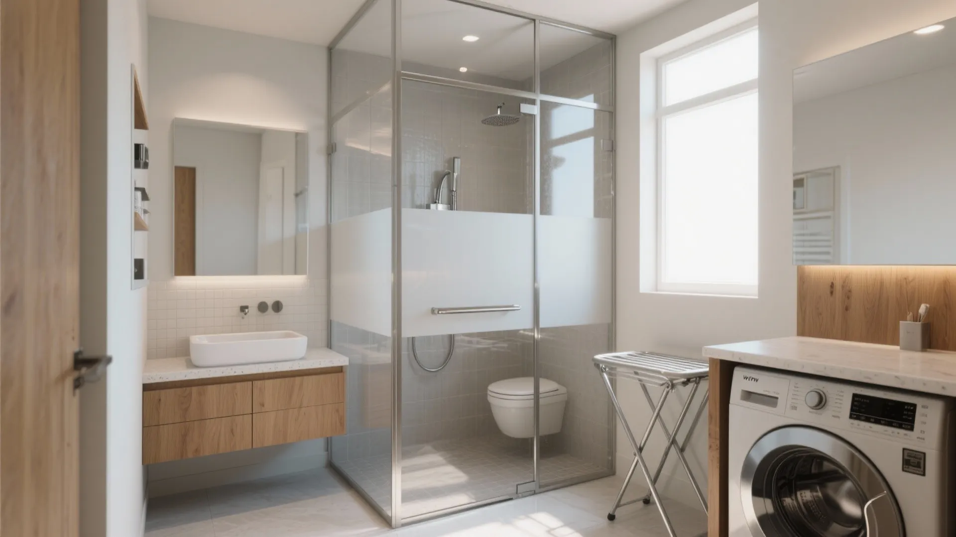 Modern bathroom featuring glass shower cabin with frosted privacy film plus white sink and washing machine