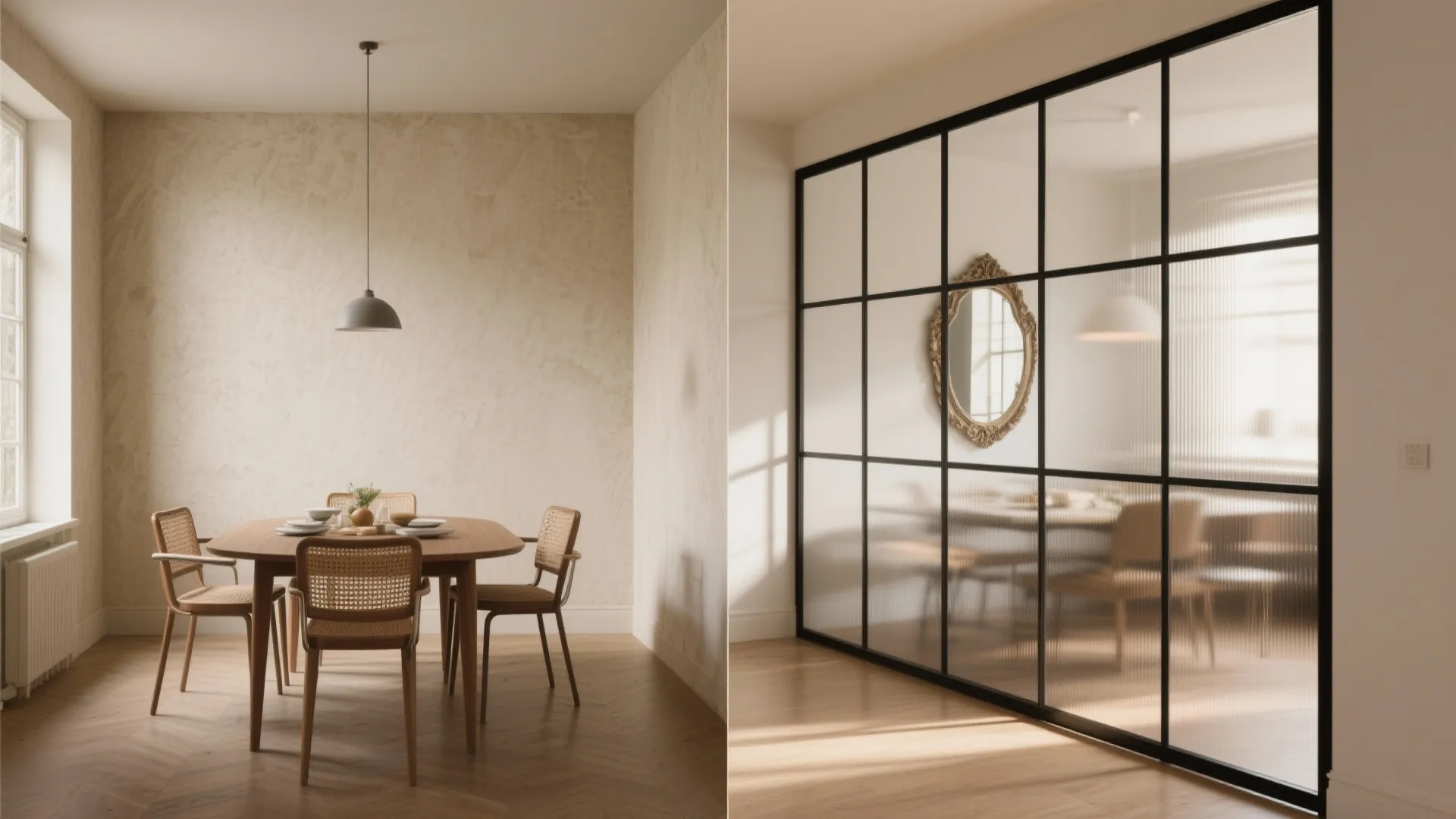 Glass partitions and reflective surfaces for perceived space