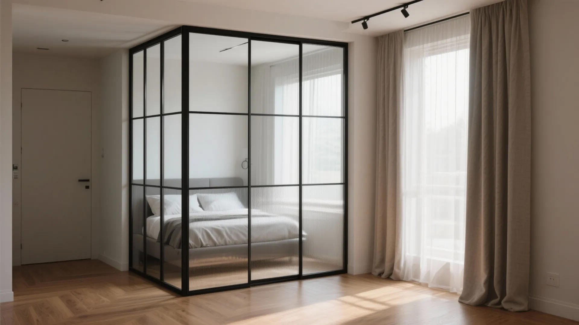 Slim steel-framed glass partition forming a bright bedroom nook while preserving daylight and sightlines.