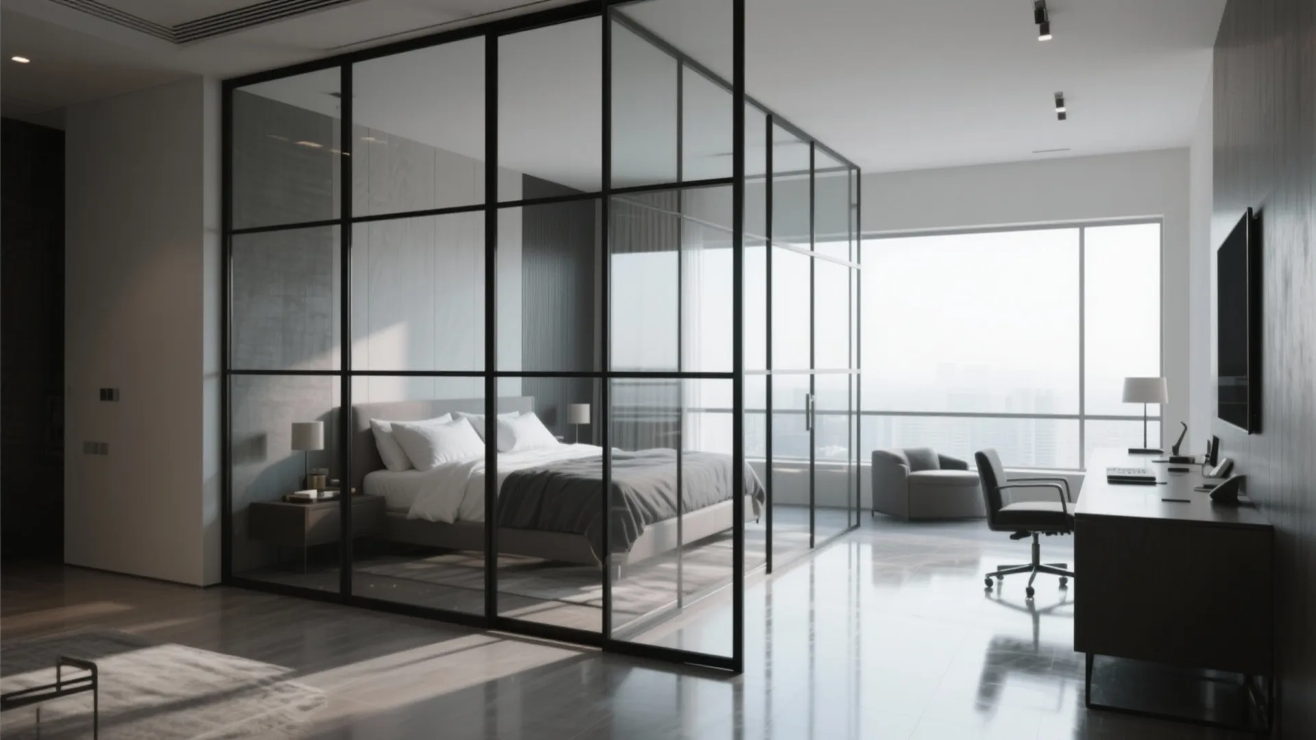 Modern bedroom separated from a home office area by a black framed glass wall partition