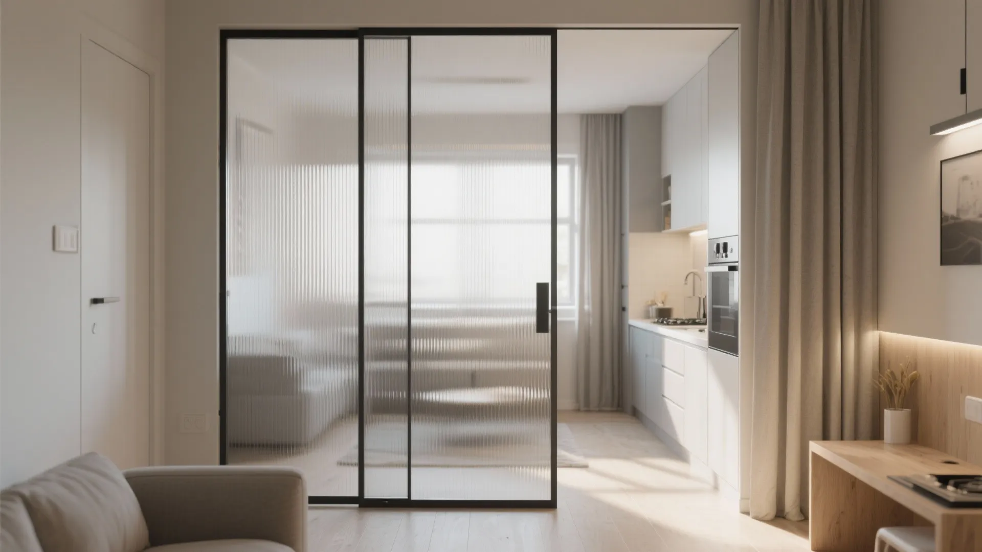 Modern kitchen and living room separated by a black frame ribbed glass sliding door partition