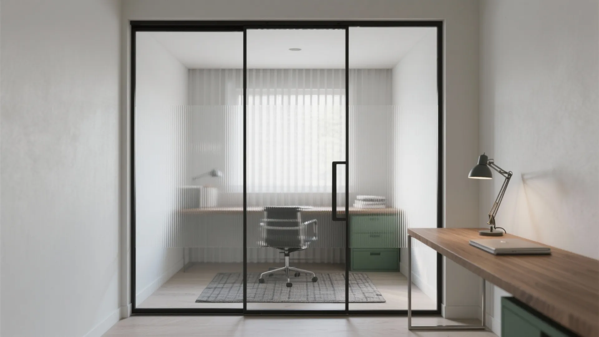 Glass sliding door with frosted panel opening to home office with desk, chair, and rug