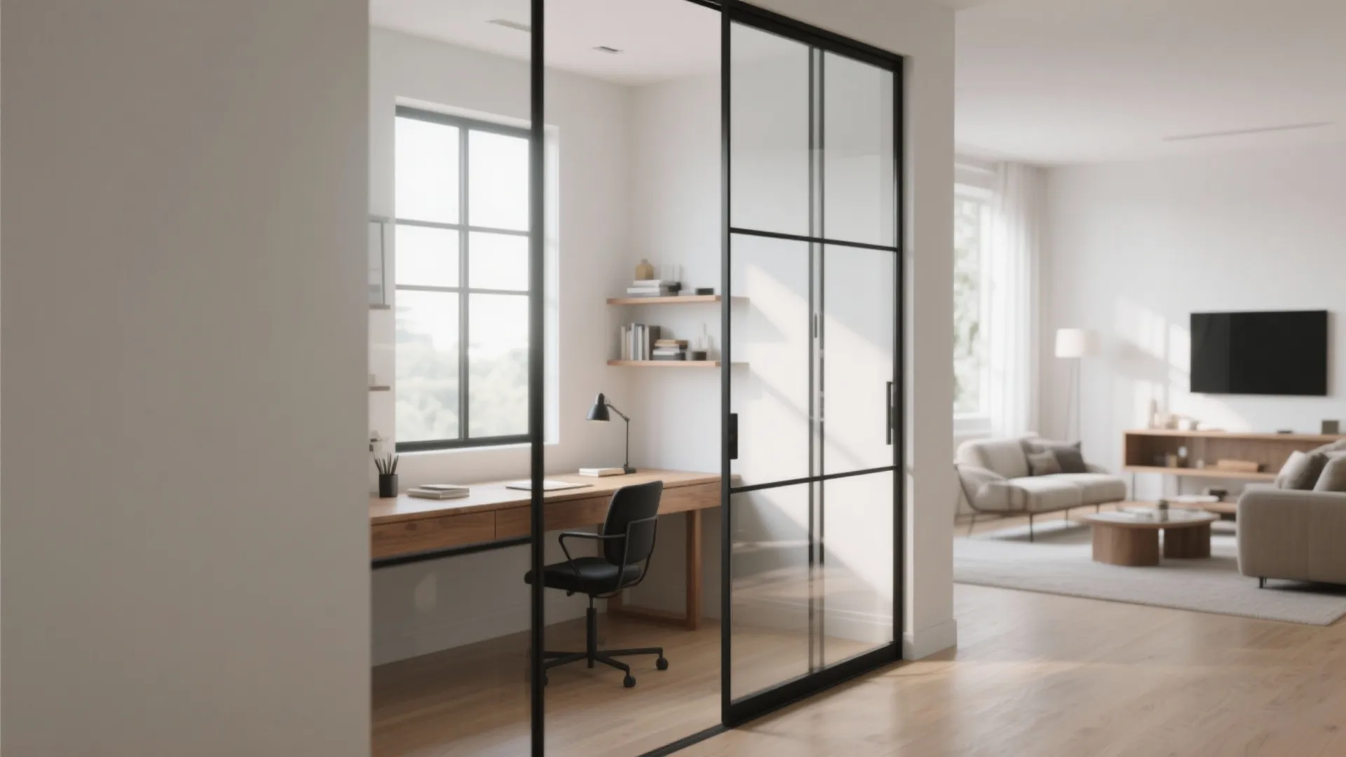 Glass Partition for Borrowed Light and Quiet Focus