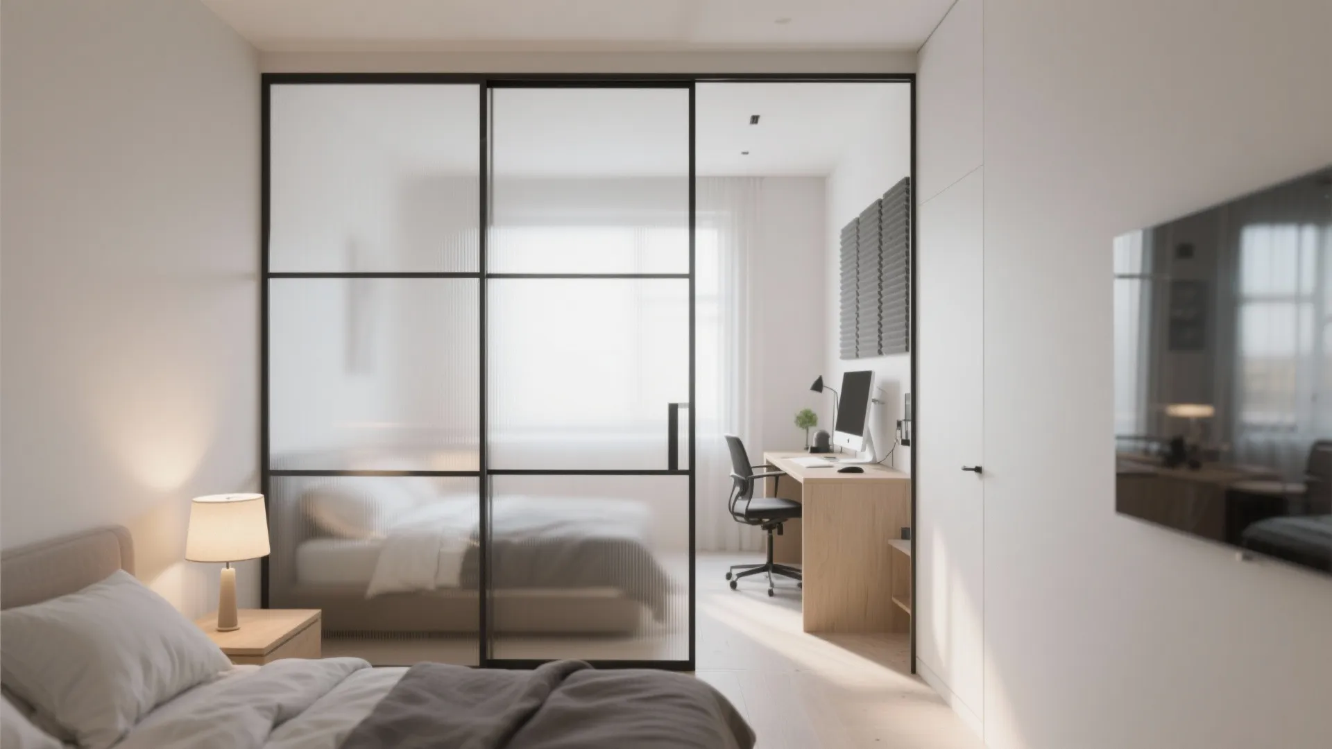 Modern bedroom featuring a black metal glass partition separating the sleeping area from a home office