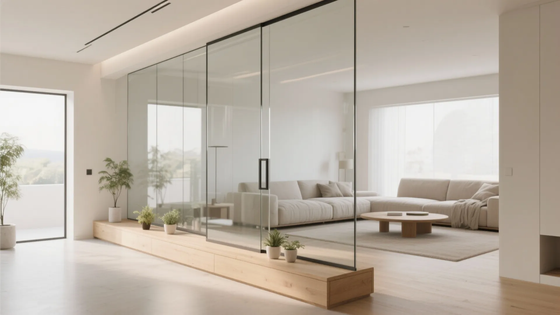 Minimalist glass partitions for subtle zoning