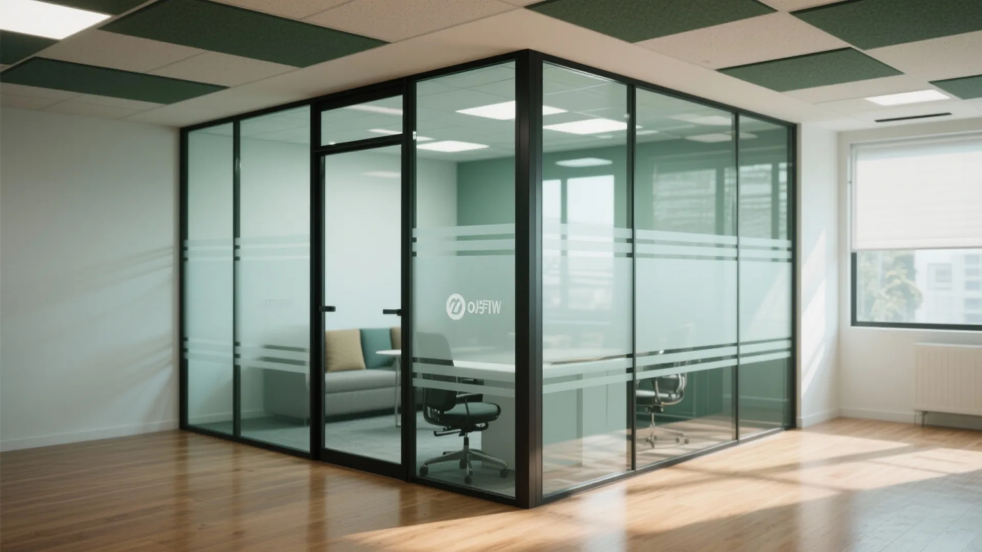 3. Glass partitions for light, privacy with treatments