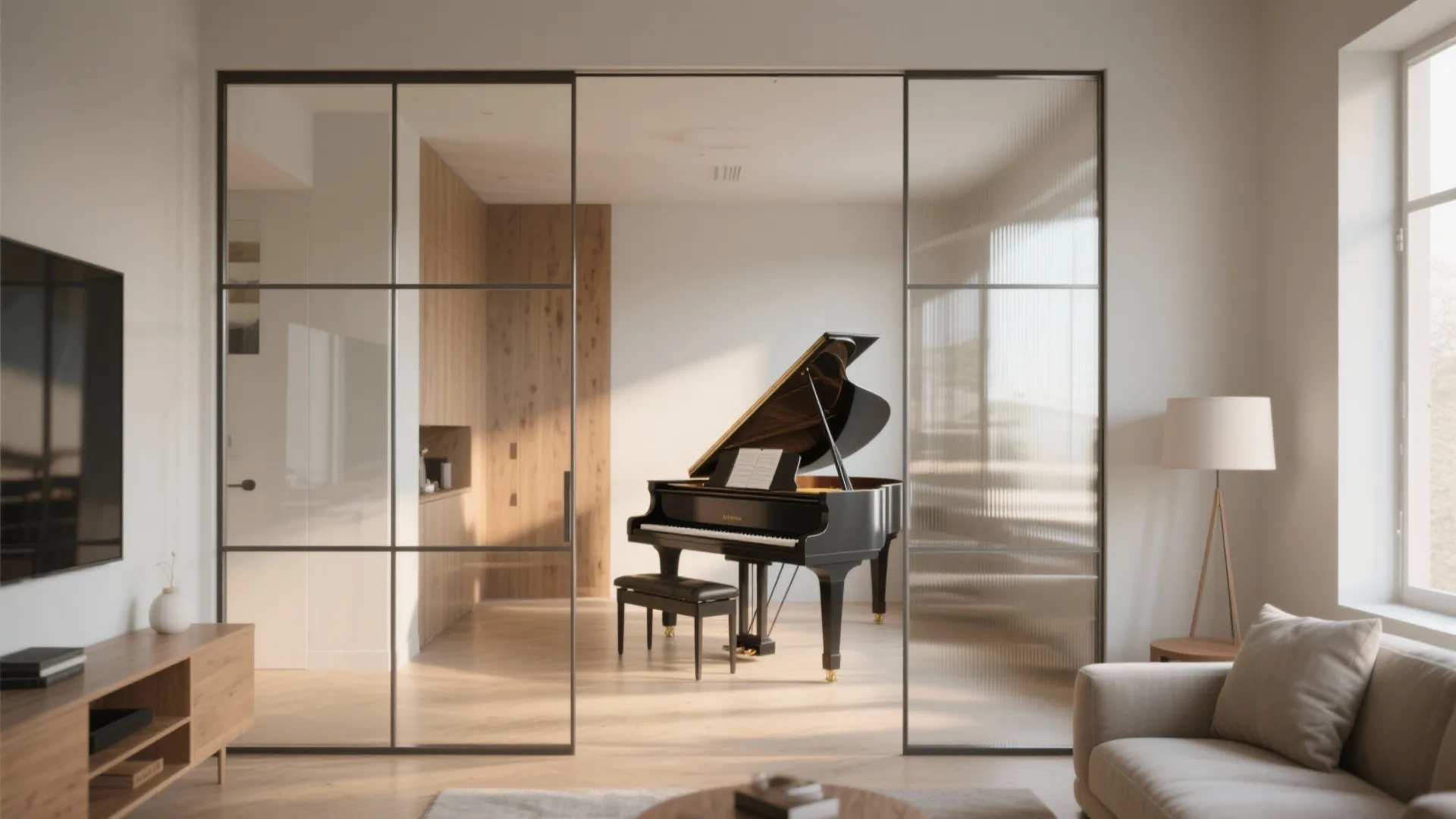 Large black piano seen through glass sliding doors in a modern living room with natural light