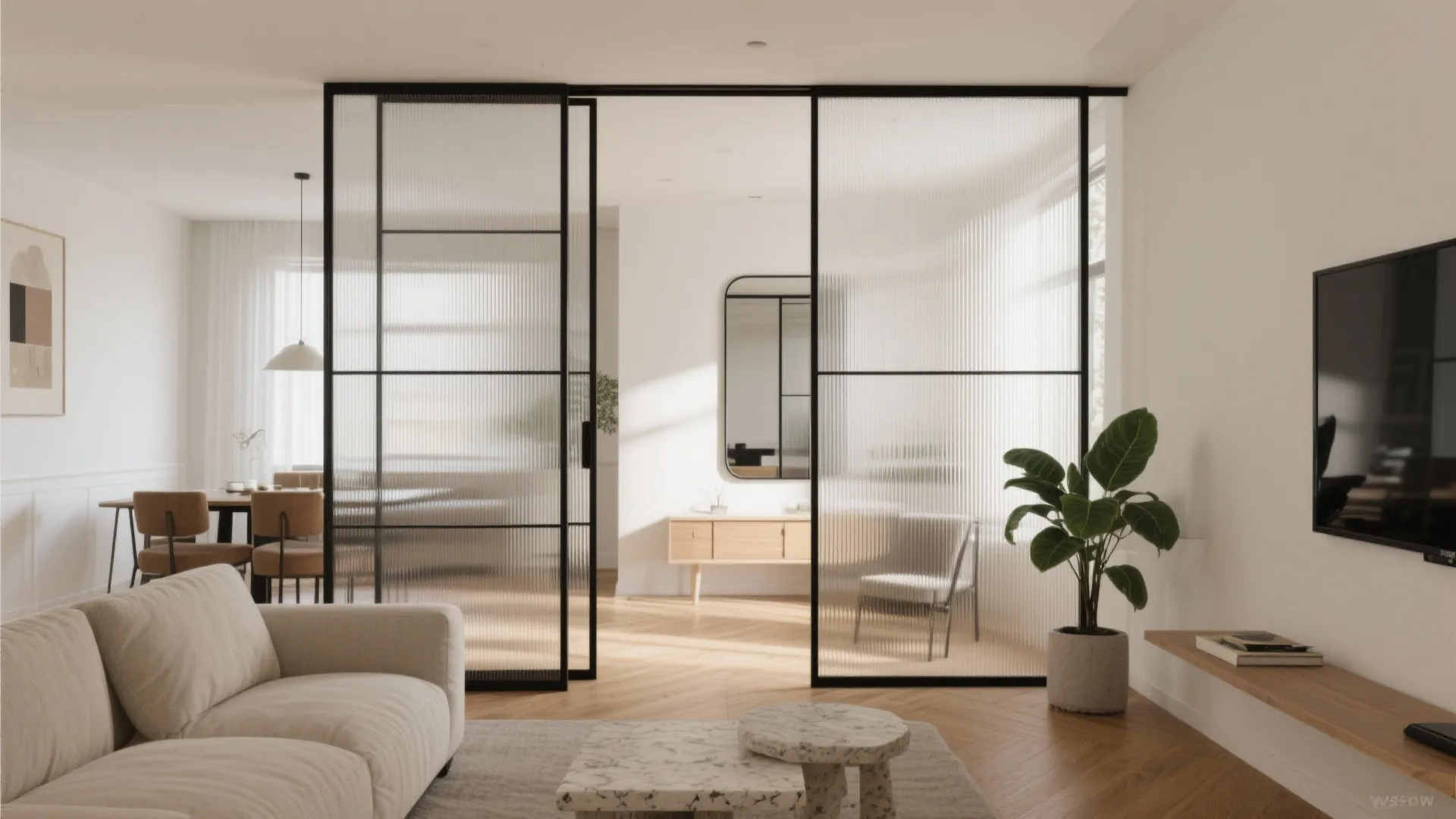 Airy glass partition and mirrors
