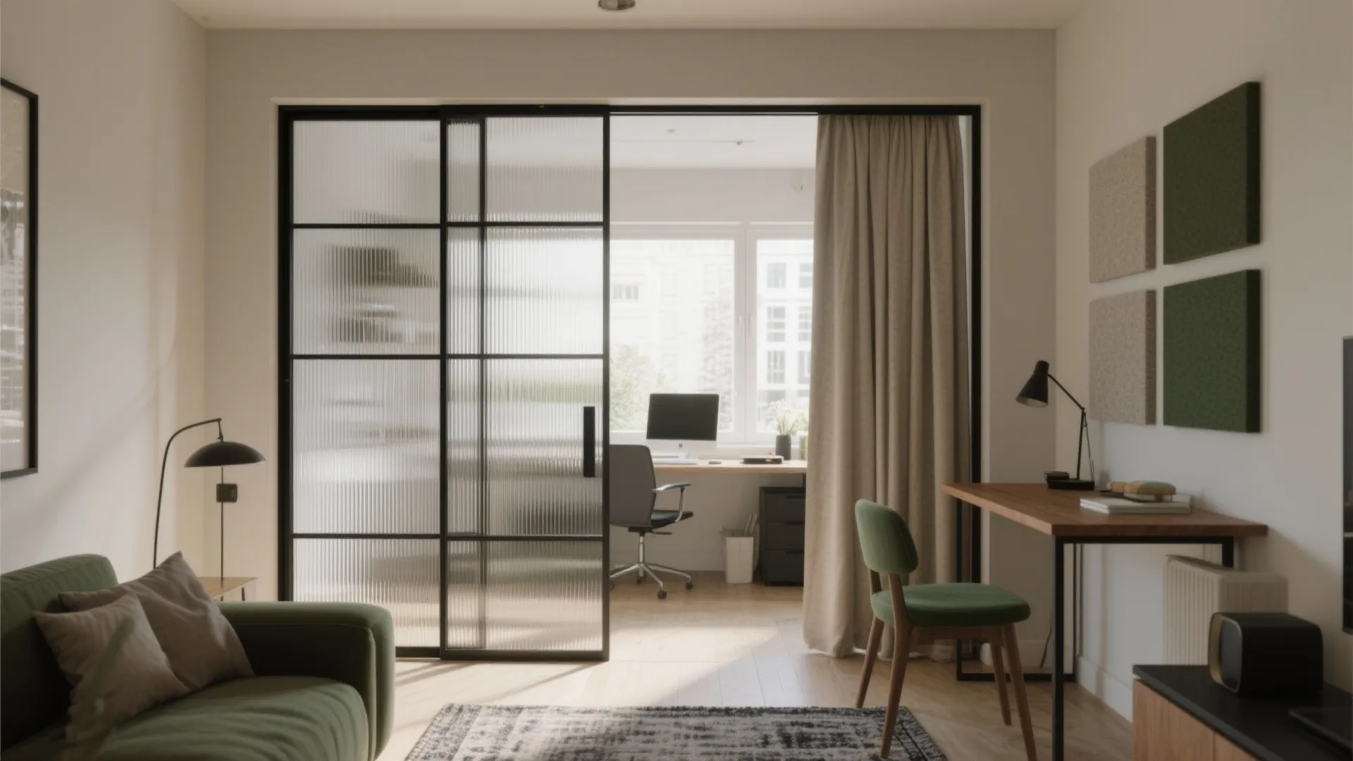 Glass partition for light, privacy, and flow