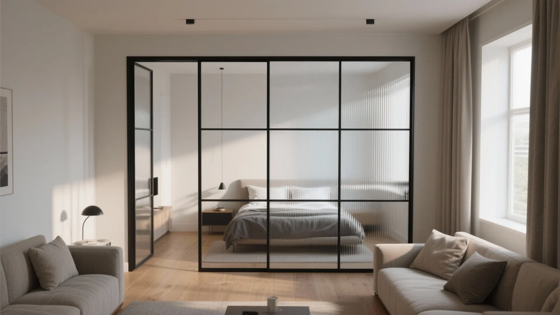 Modern living room with glass partition wall separating a bedroom featuring beige sofa and wooden floor