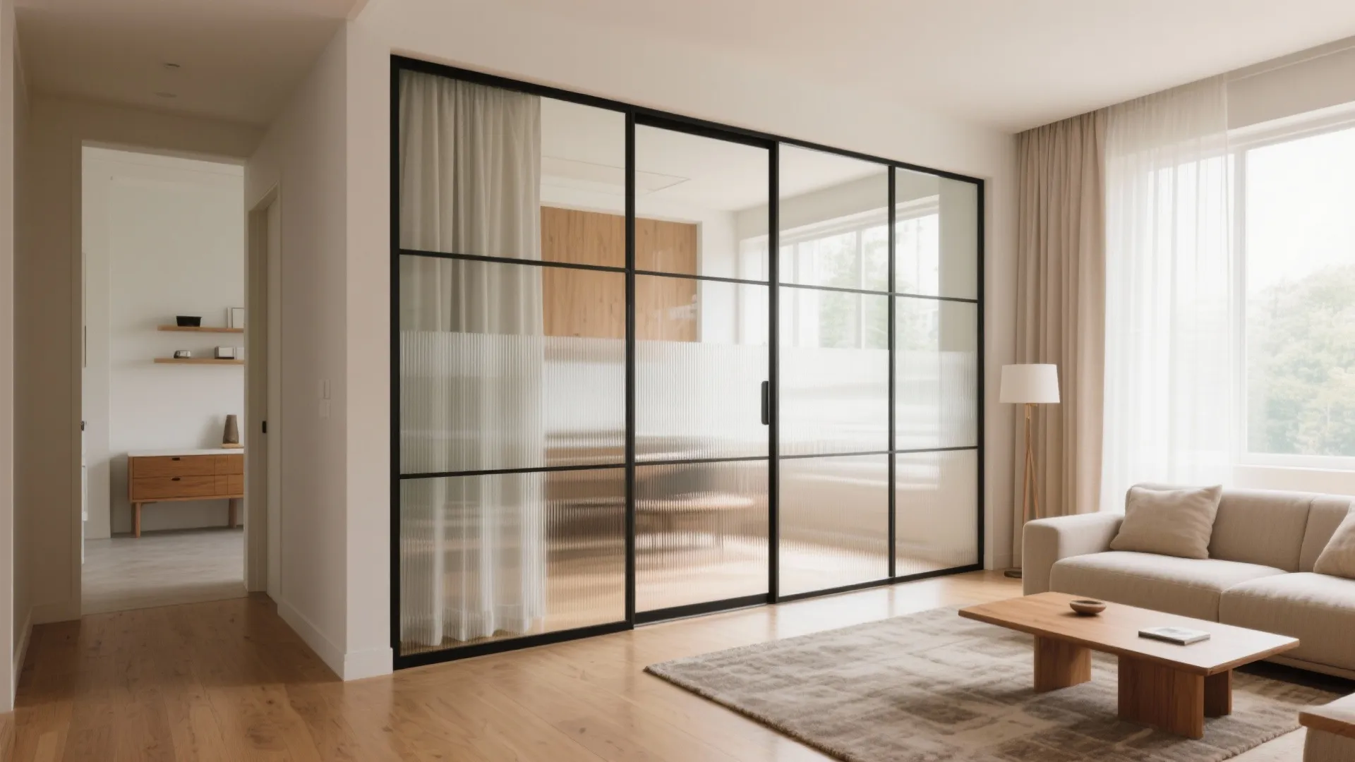 Interior design with black frame glass sliding doors separating a living area from the kitchen
