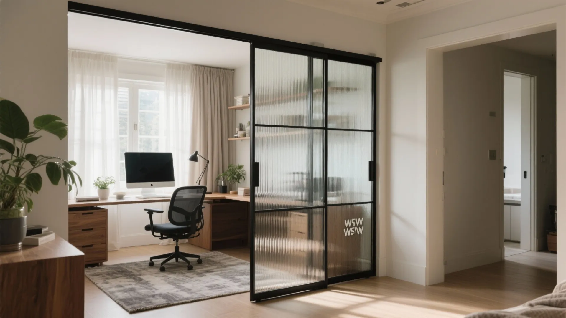 Glass sliding door with black frame opening to a home office with desk and computer