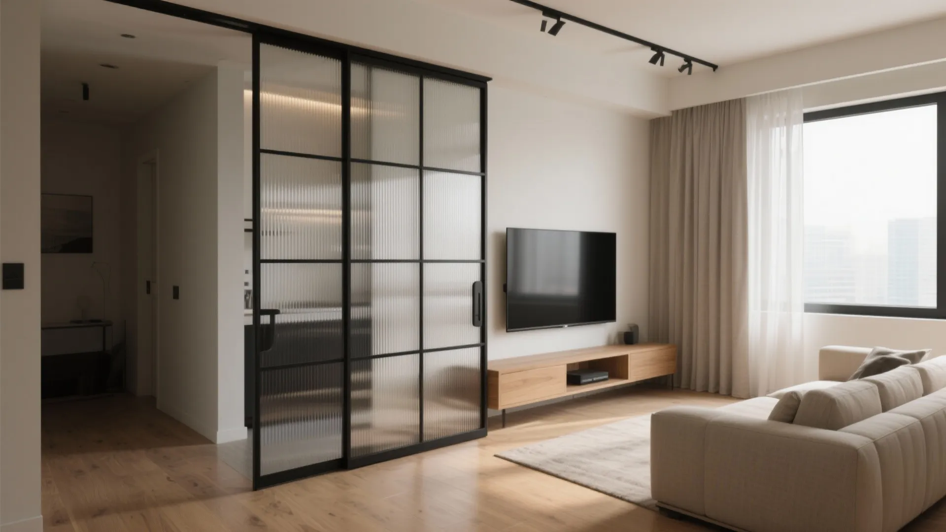 Glass Partition to Borrow Light and Zone Spaces