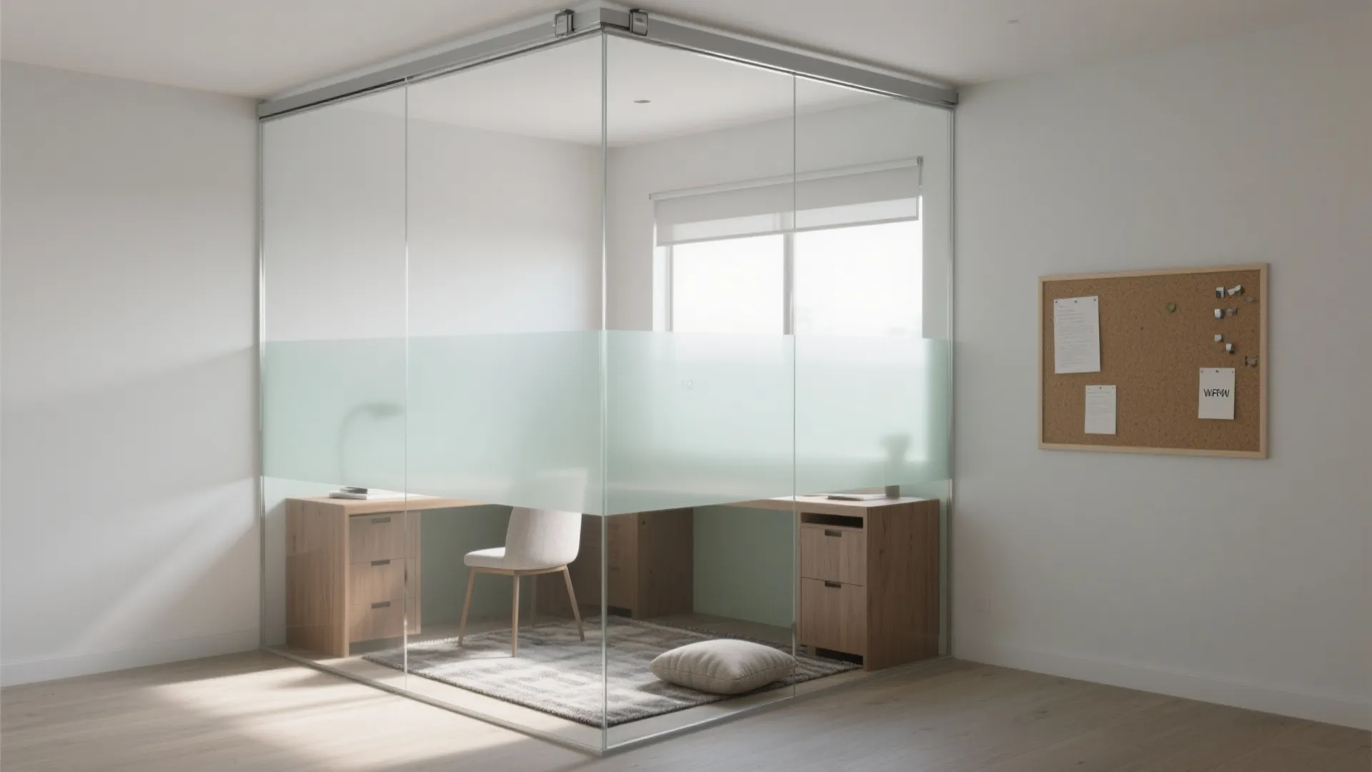 Bright study corner with clear partition and frosted privacy band