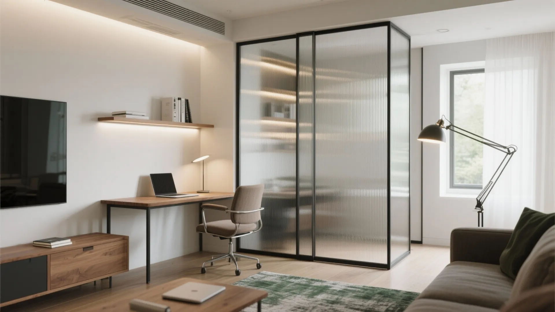 Glass Partition and Light Layers for a Brighter Study