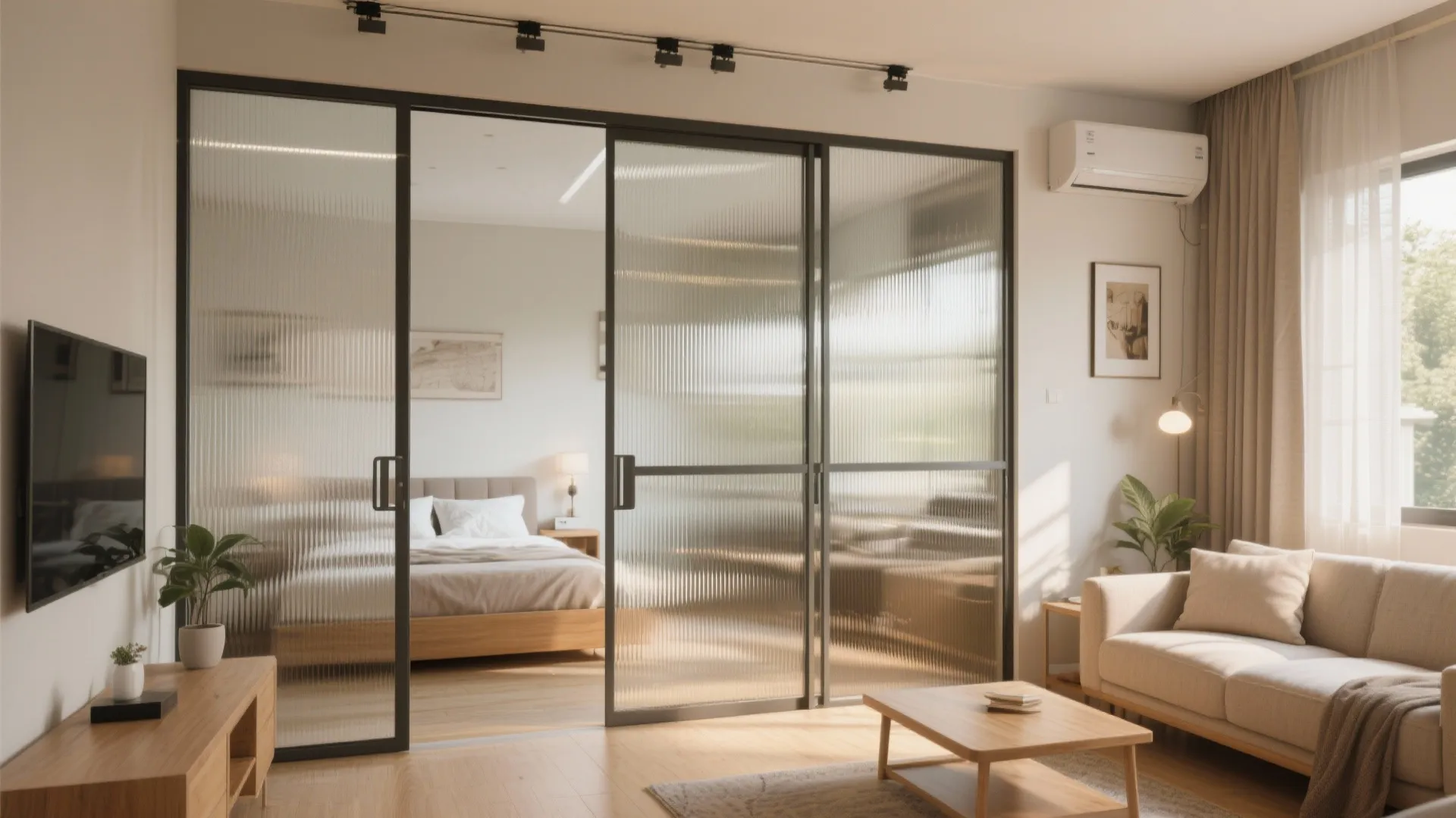 3) Sliding and glass partitions for light-first privacy