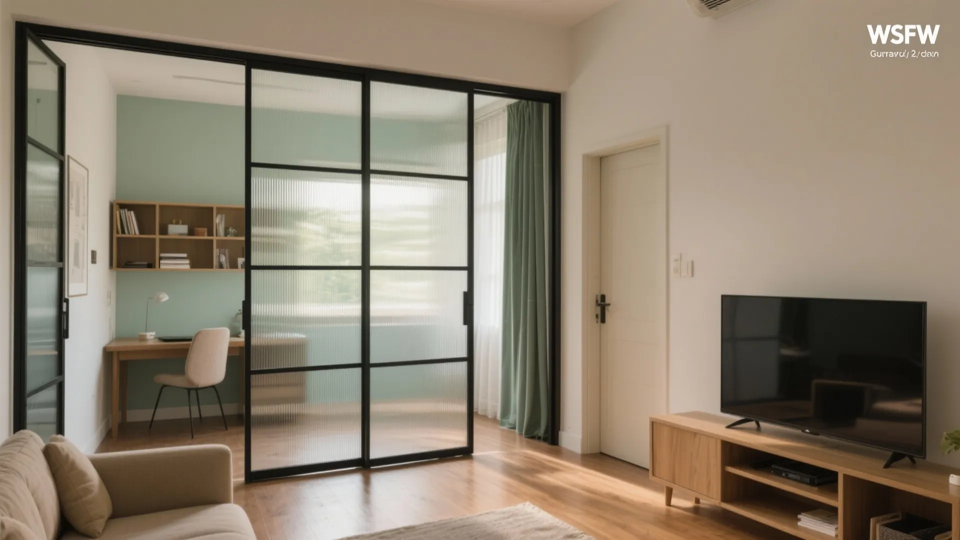 2) Glass partition + pocket doors for light without noise