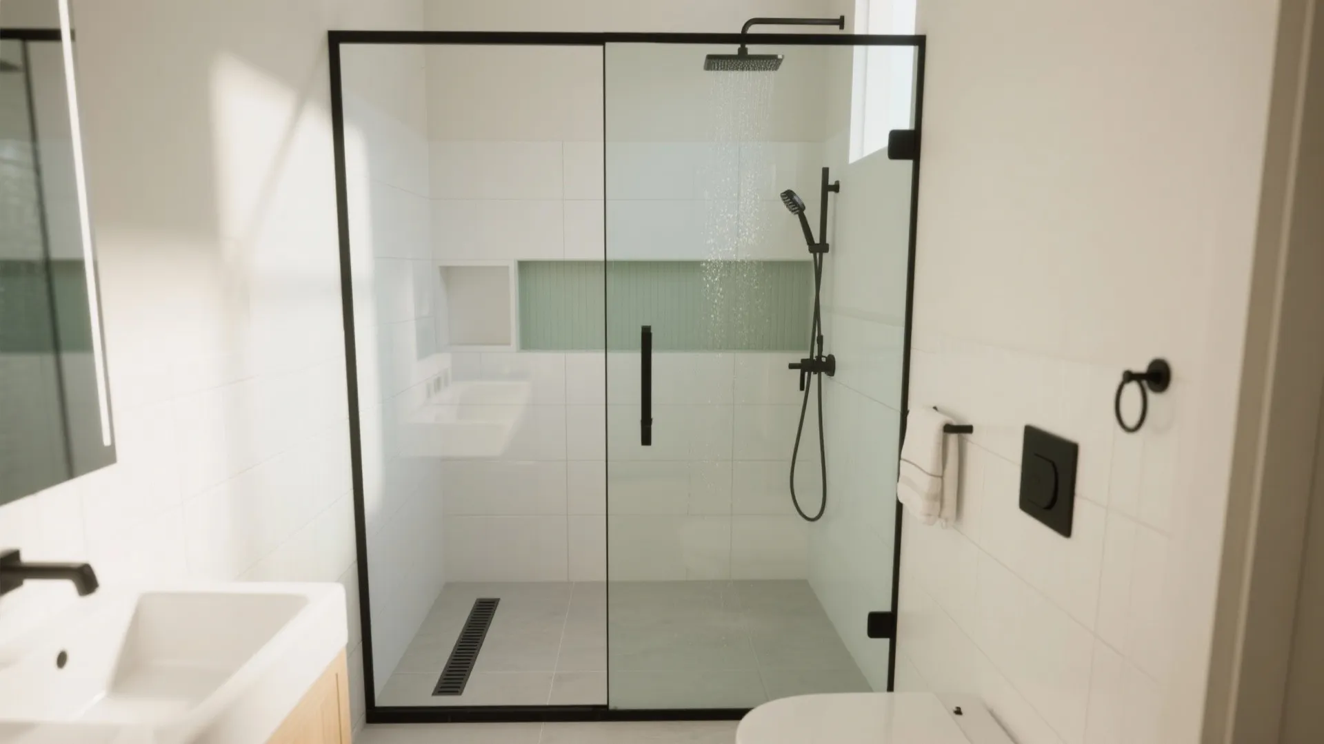 1) Wet-zone glass partition for a seamless, easy-clean combo