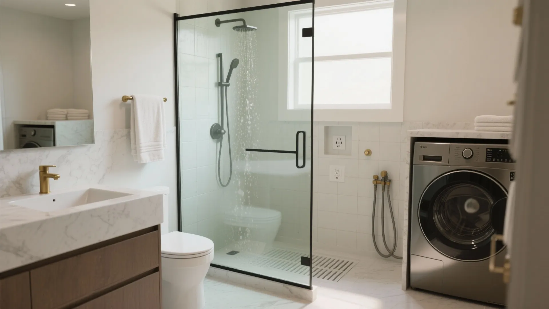 Modern bathroom interior design drawing with glass shower door, marble sink, toilet, and washing machine