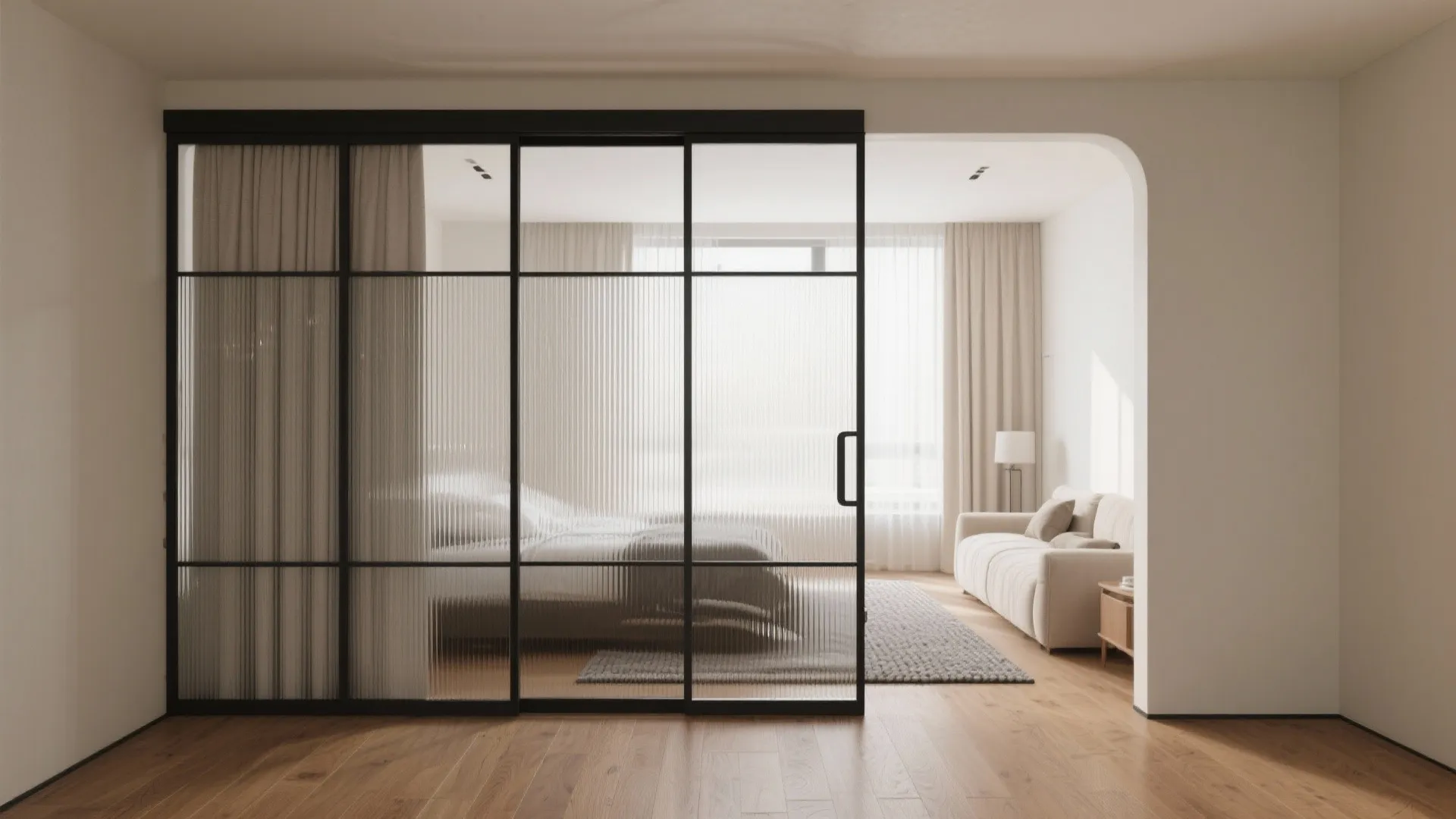 Modern glass sliding door with black frame separating bright bedroom and cozy white living room