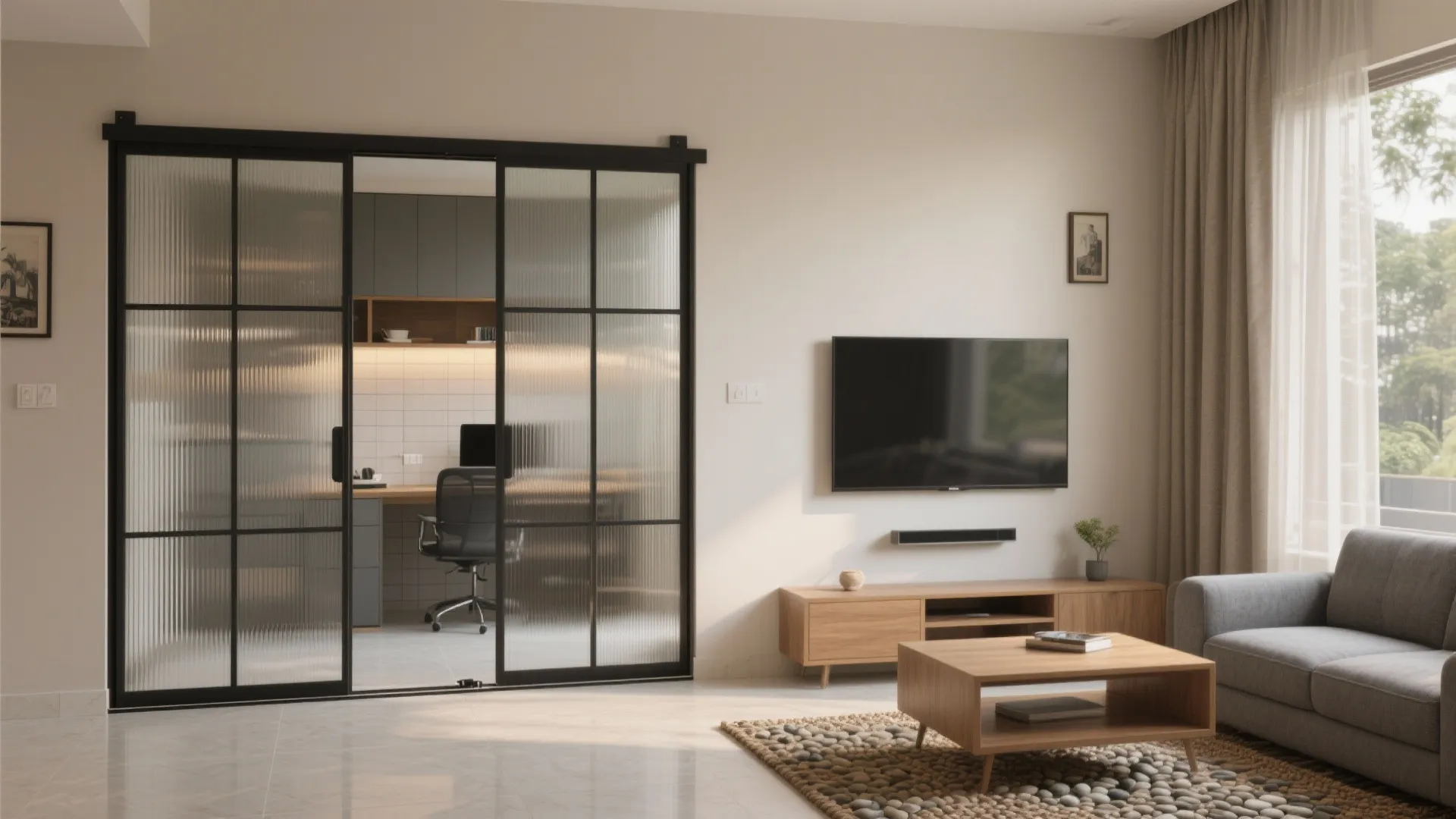 Sliding Glass Partition for a Brighter, Flexible Living Room