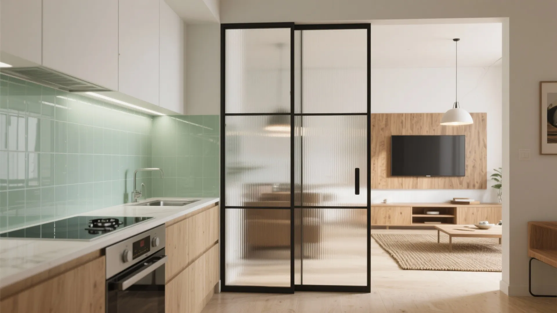 Glass backsplash and light-borrowing partitions