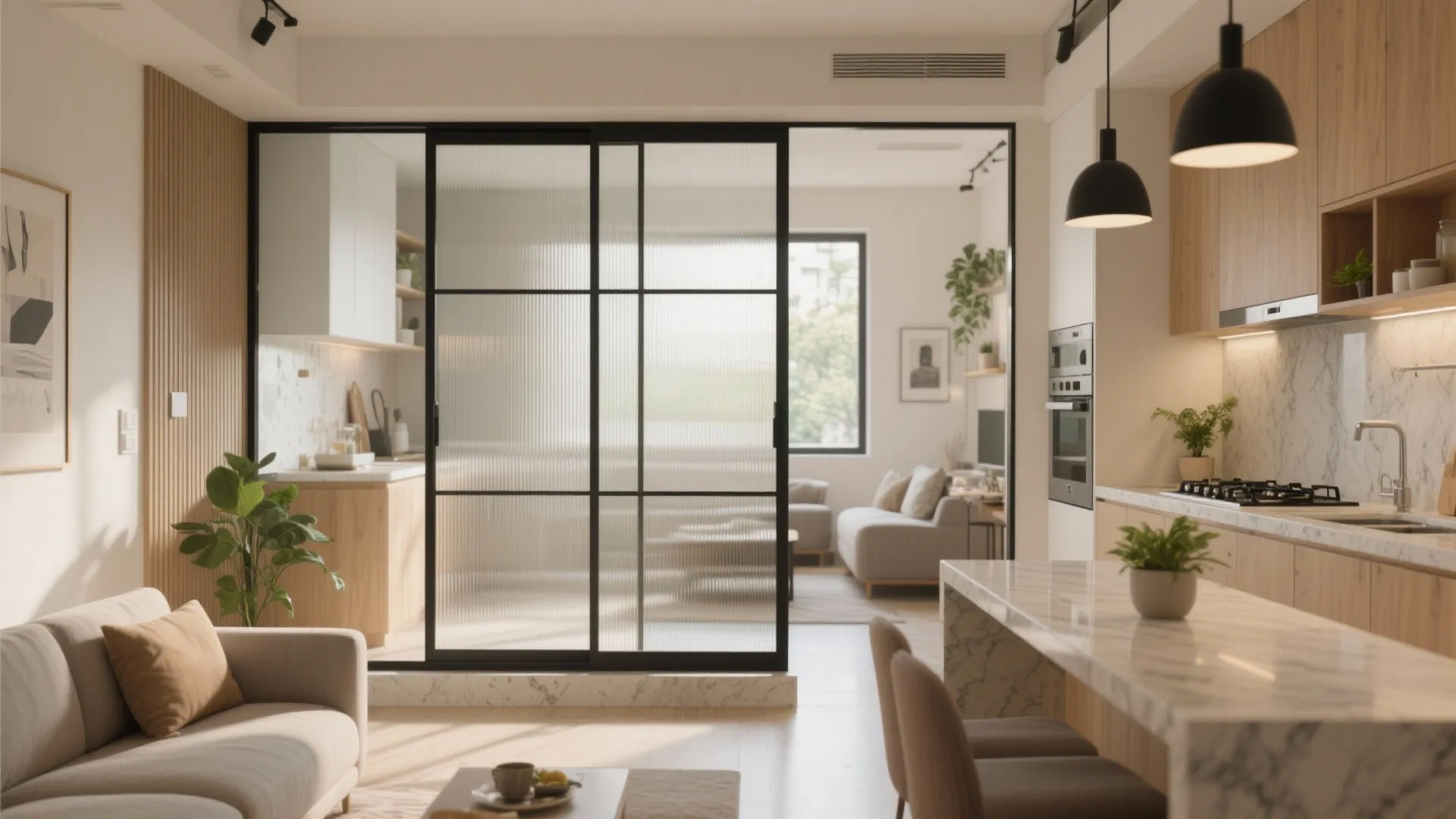 2) A daylight-friendly glass partition between living and kitchen
