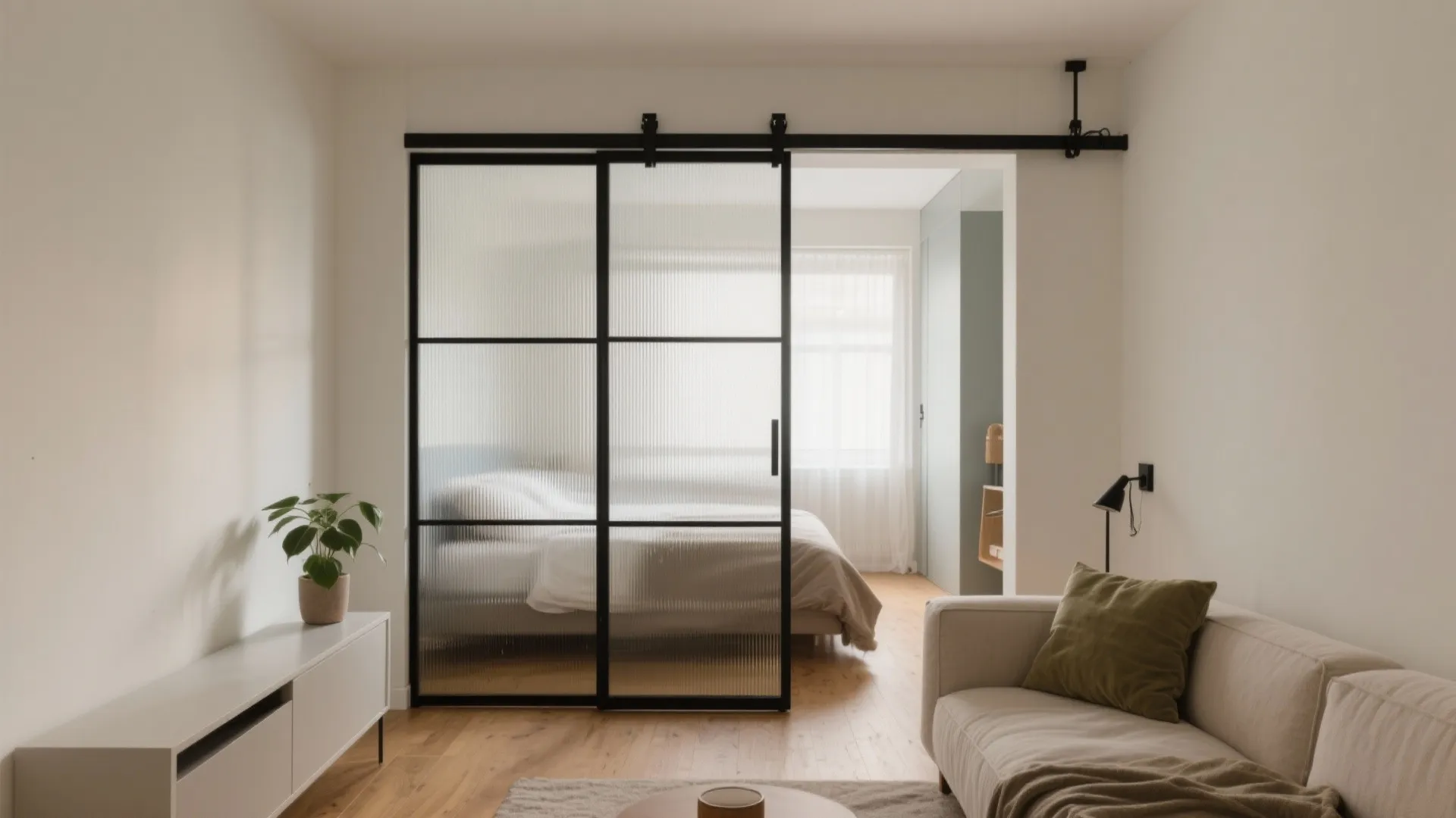 Modern living room featuring a sliding glass door partition that opens into a bright bedroom