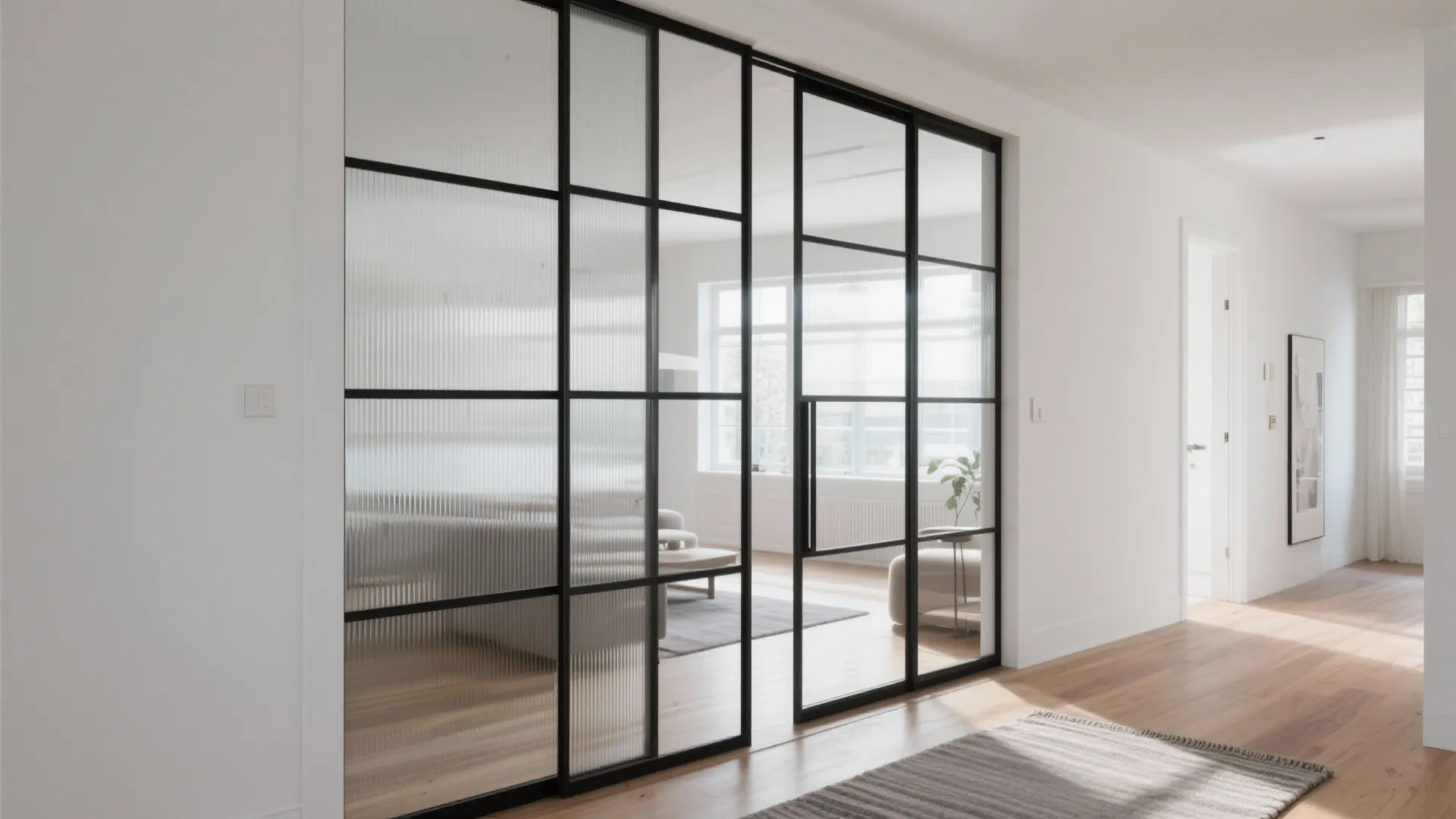 Modern black metal frame glass sliding doors separating a bright living room and wooden hallway