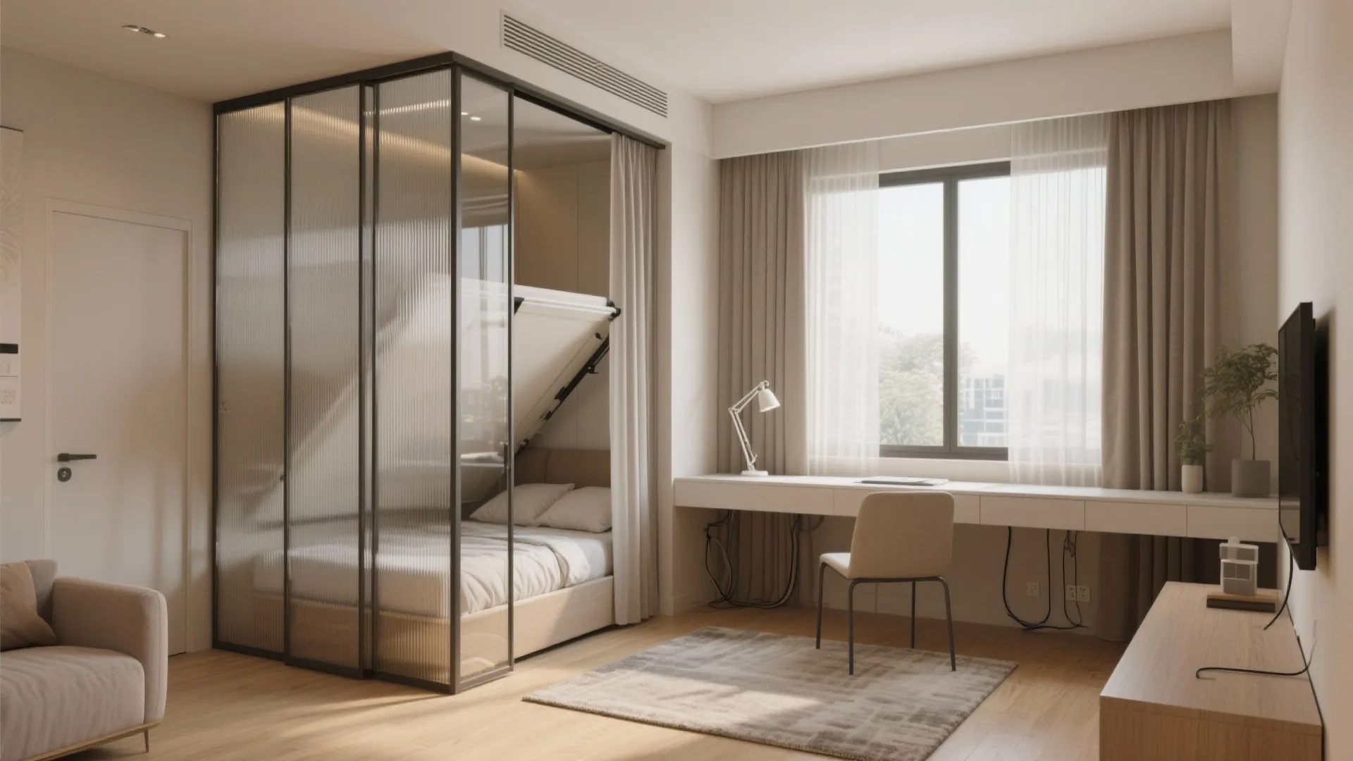Glass partition for a flex bedroom–study