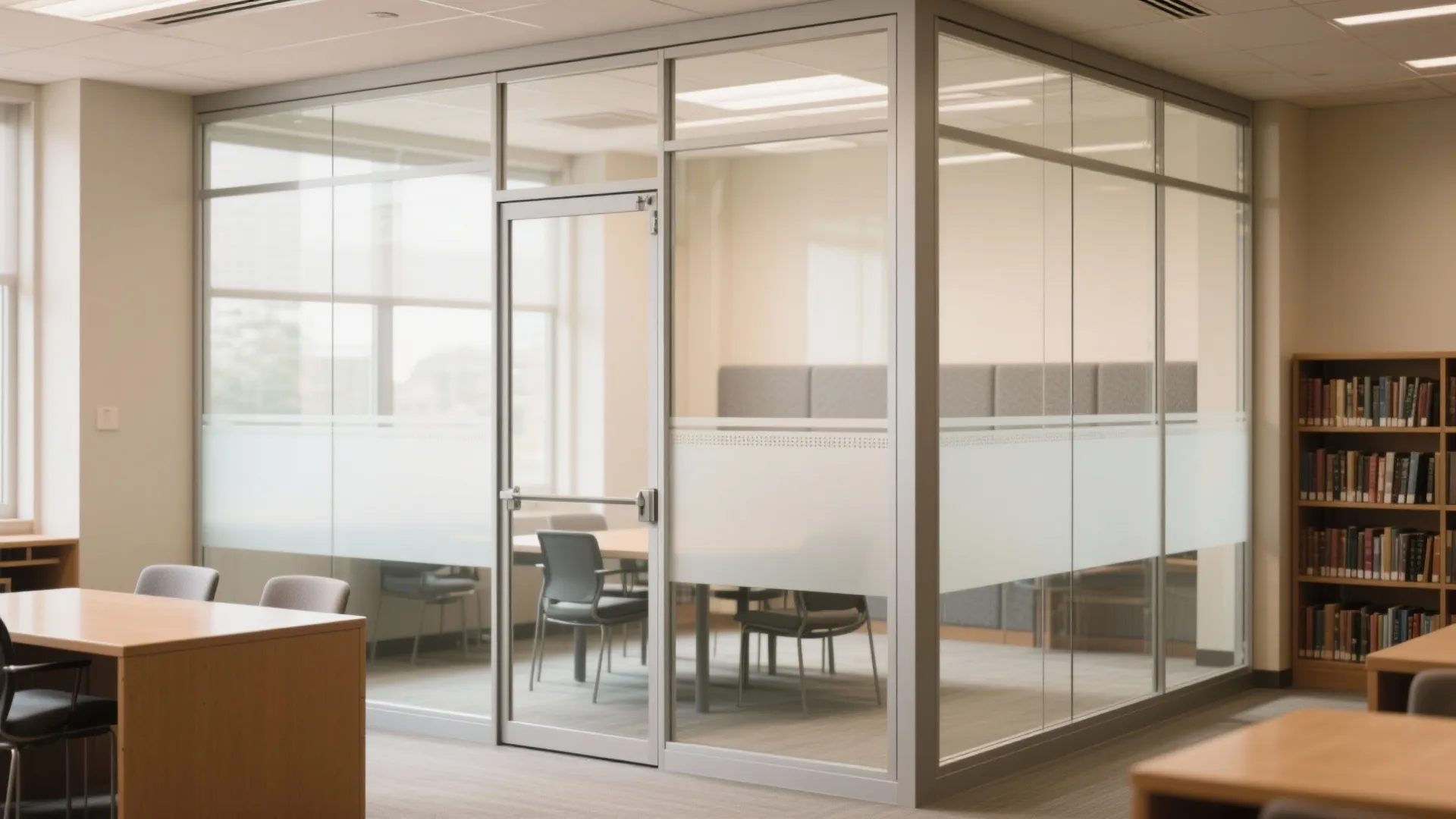 Glass partitions for visibility without distraction