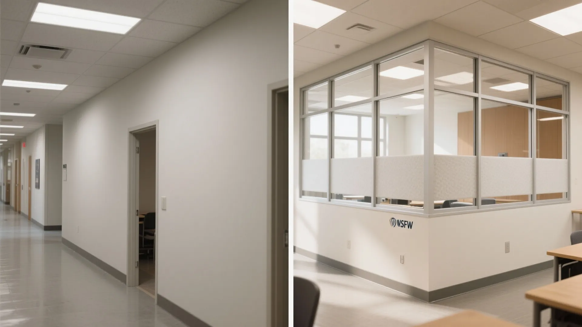 Modern office hallway with white walls next to a glass wall room with indoor desks
