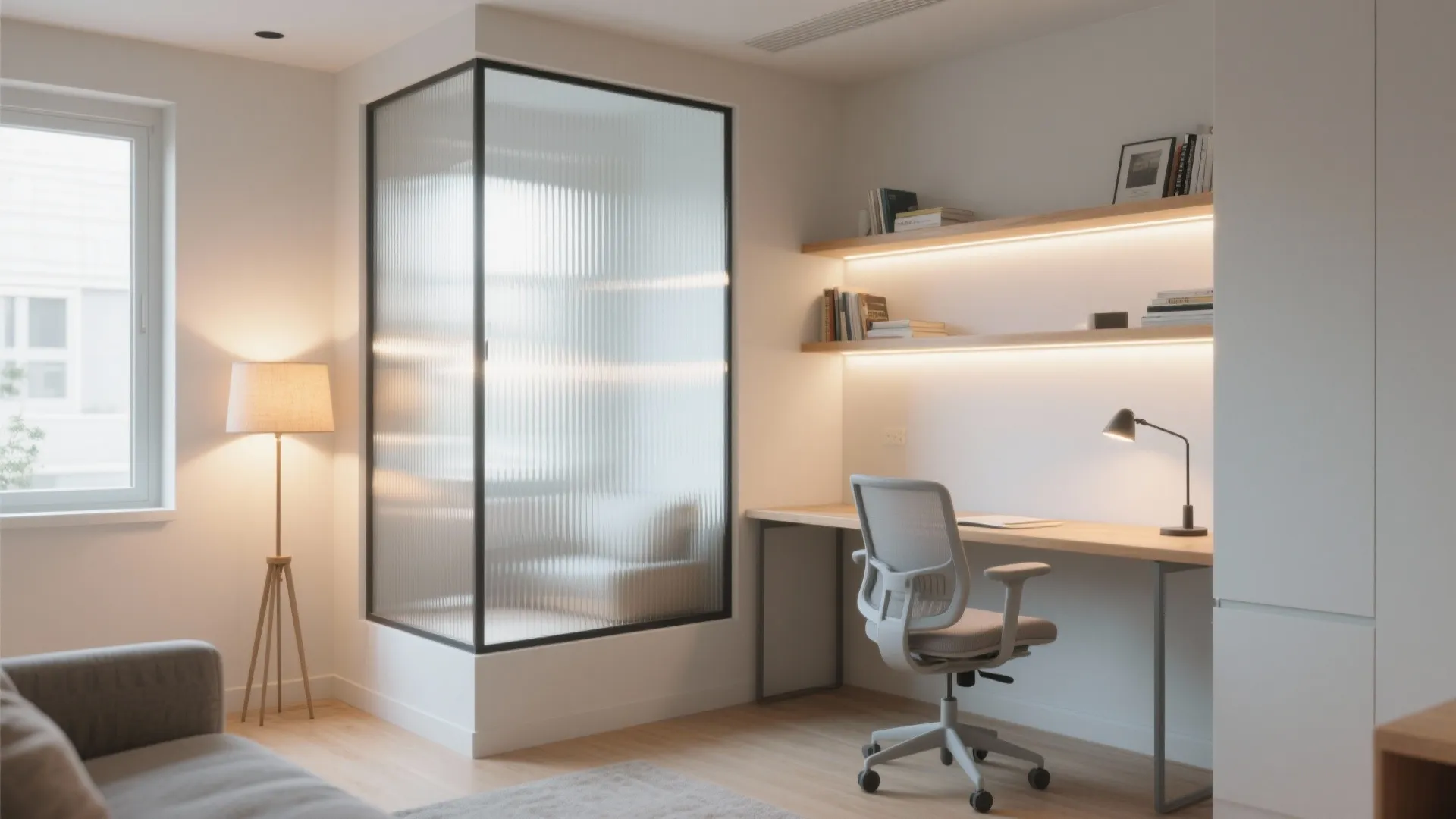 Light layering with a glass partition for brighter study