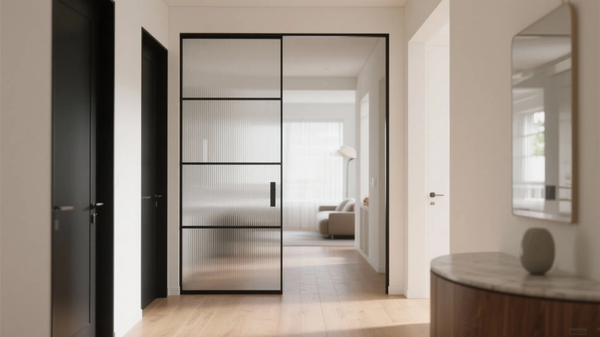 Modern interior with black framed glass sliding door separating the hallway from the living room