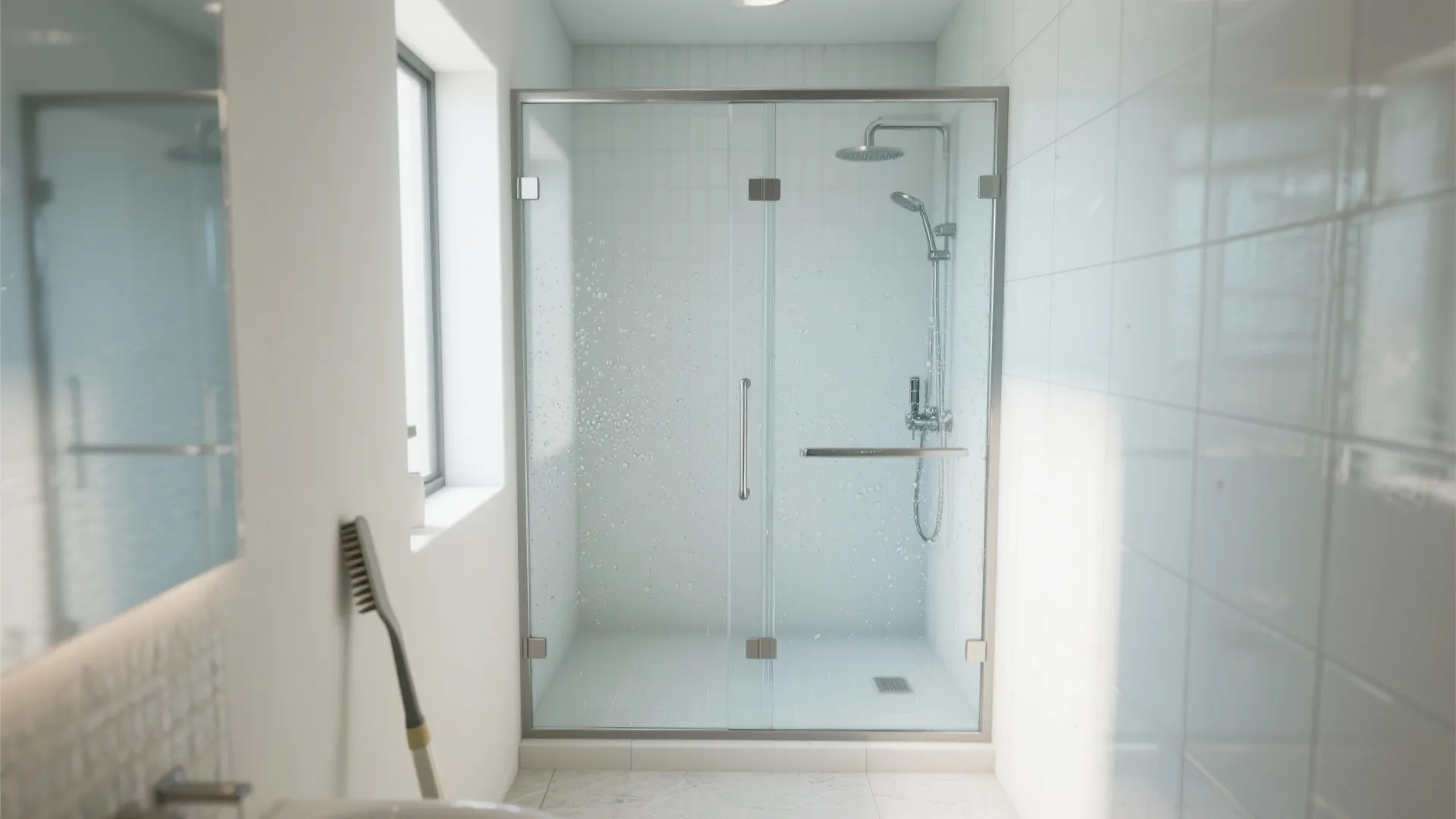 Glass shower door with chrome handle and water droplets in a bright white tiled bathroom