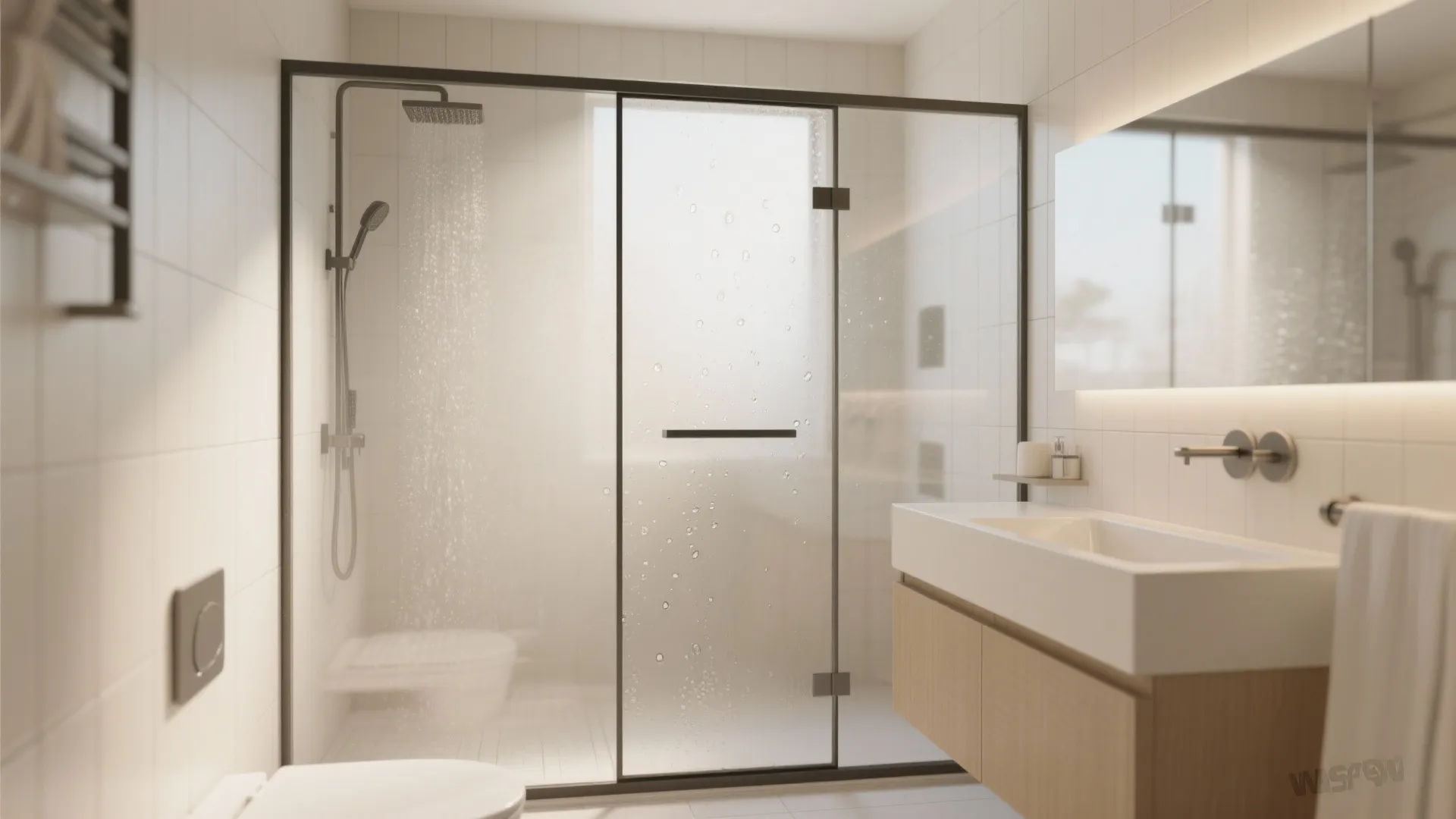 Compact bathroom with a single frameless glass panel containing shower splash and keeping sightlines open.