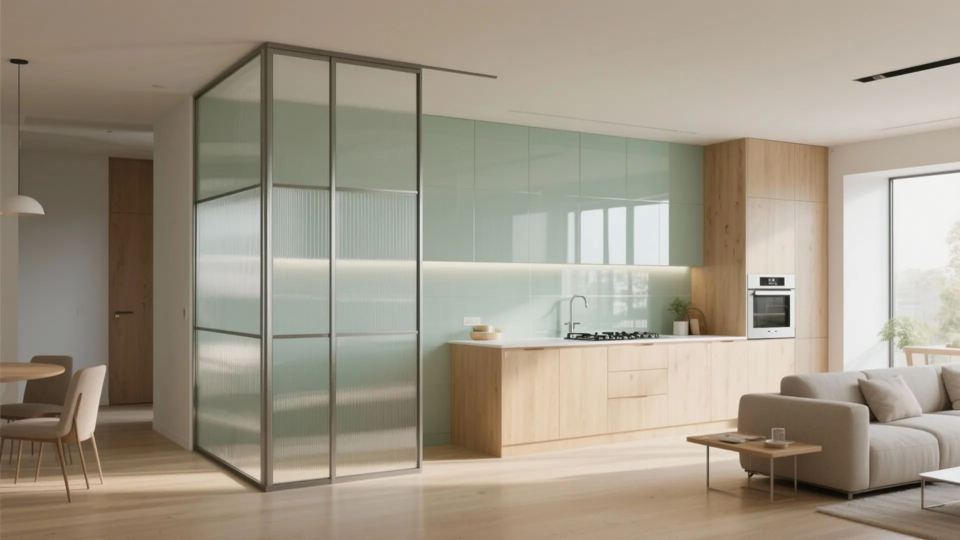 Glass partitions and a reflective backsplash to open up light