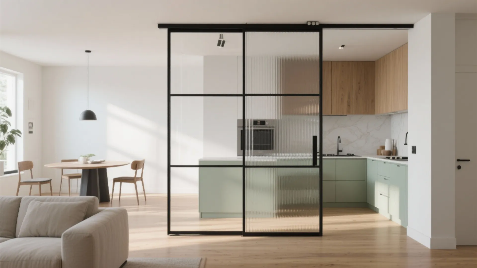 Glass partitions to carry light, contain fumes