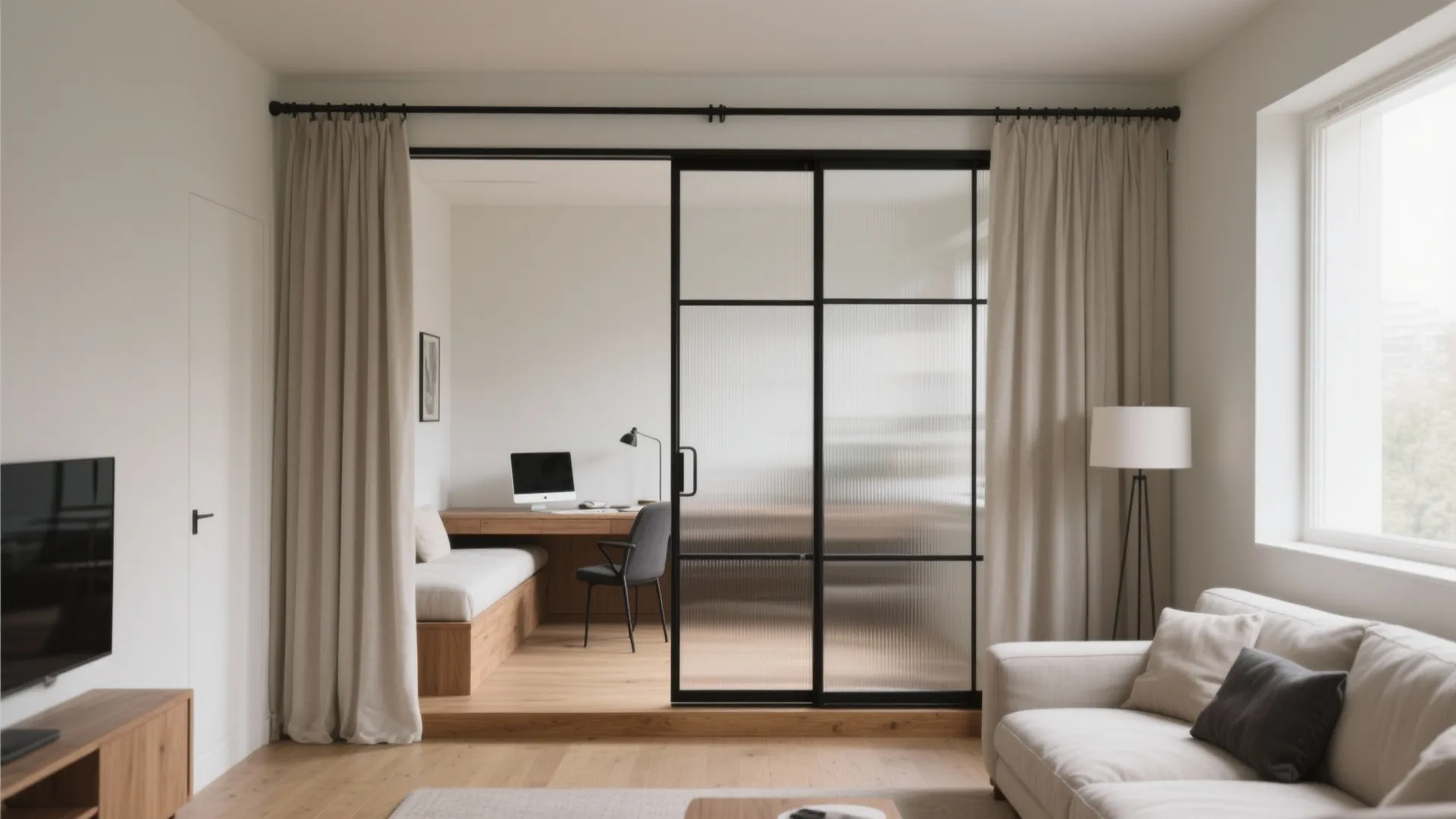 Glass partition + curtains for flexible privacy