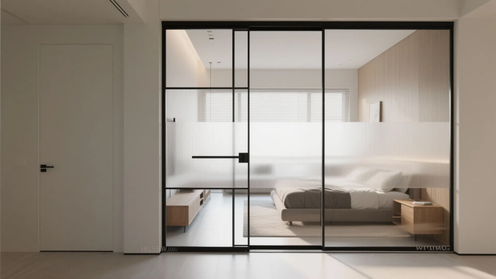 Framed glass partition and sliding doors for light