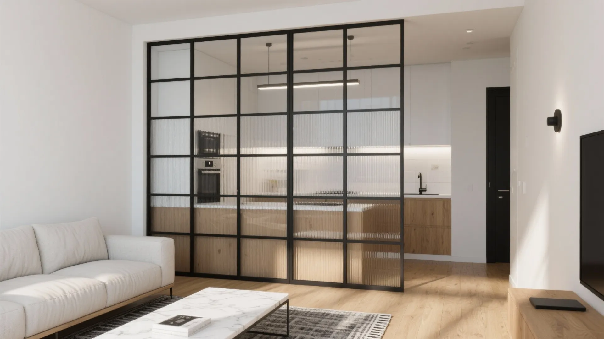 Black framed glass wall partition between modern living room with white sofa and wood cabinets