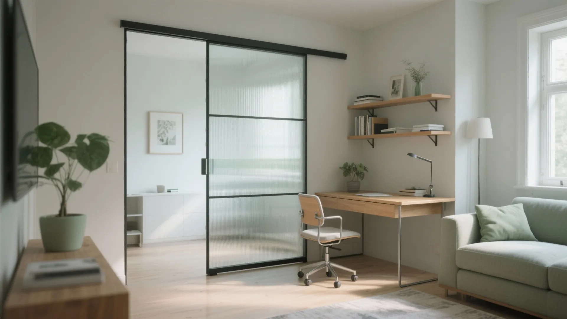 Bright living room featuring a sliding glass door wooden desk white chair and green sofa