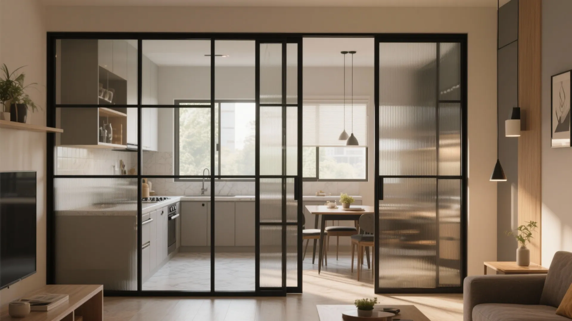 Modern kitchen and dining area separated by black frame glass sliding doors and fluted glass