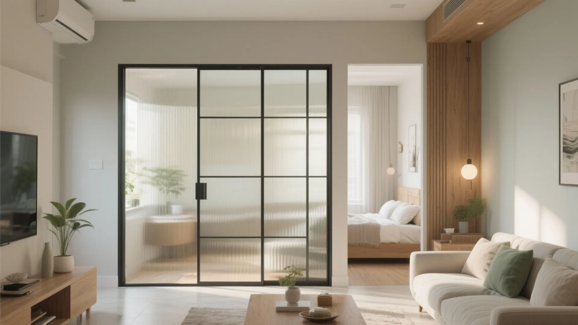 Modern living room featuring a black metal glass sliding door separating the bedroom and balcony