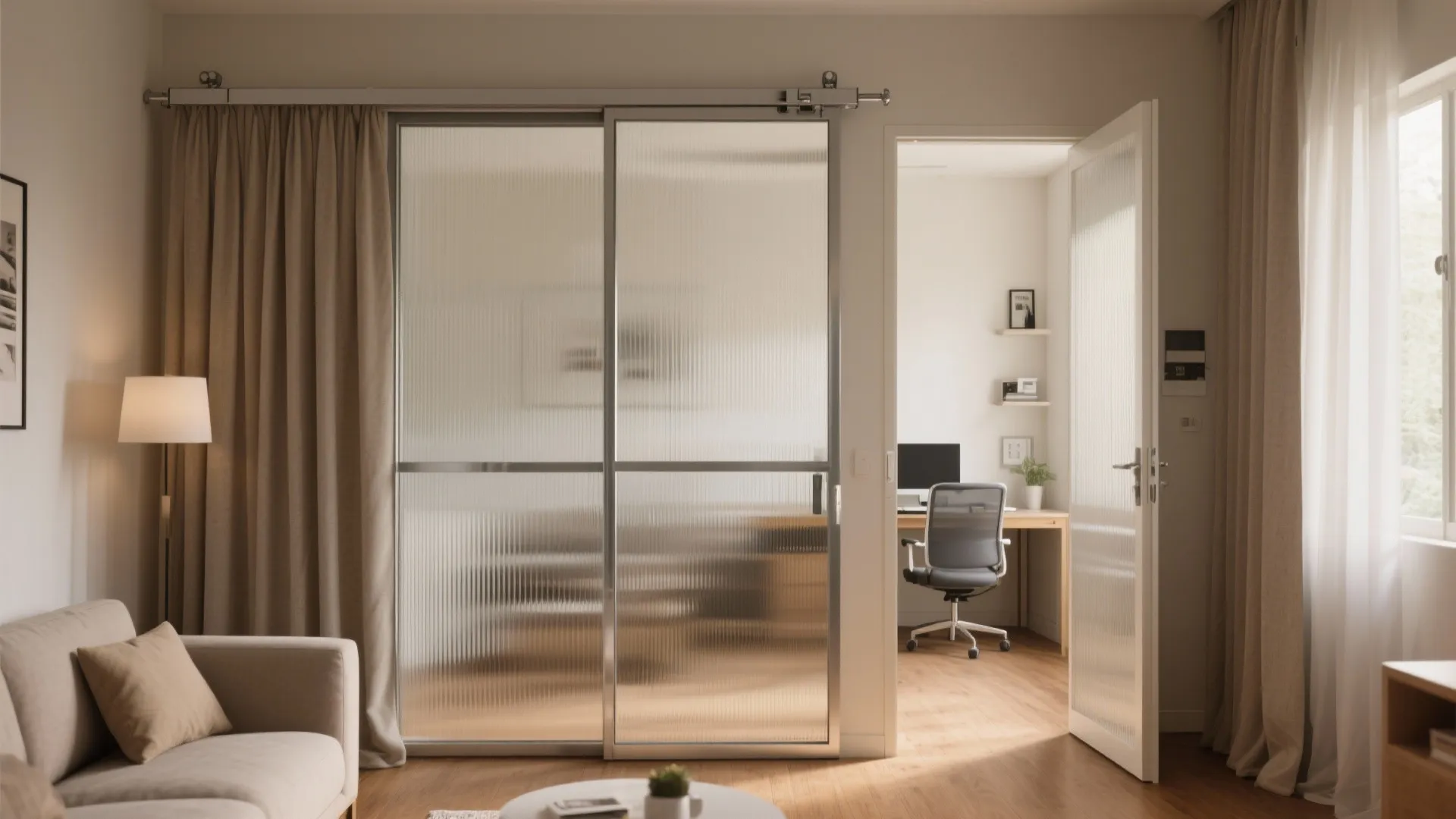 Sliding glass partitions for flexible rooms