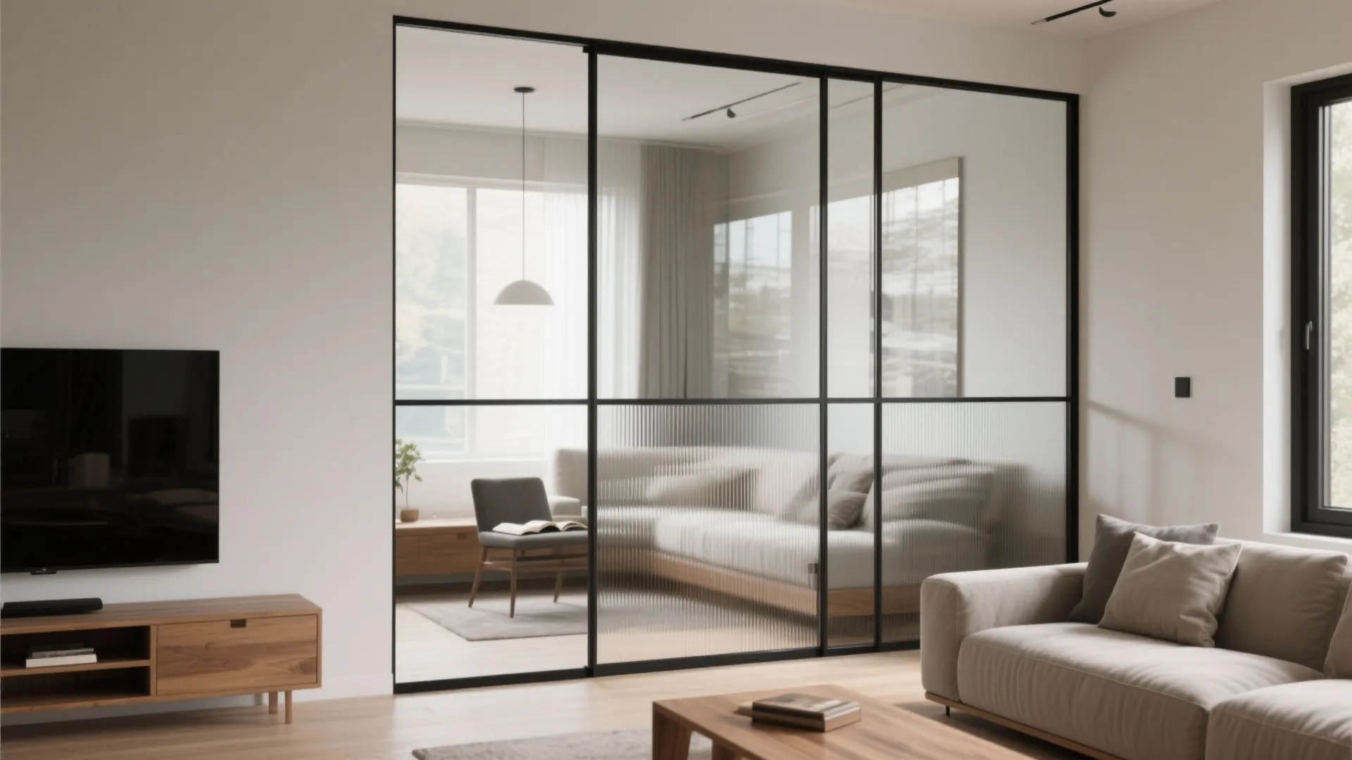 Steel-look framed glass partition with reeded lower panels and clear upper to keep daylight.
