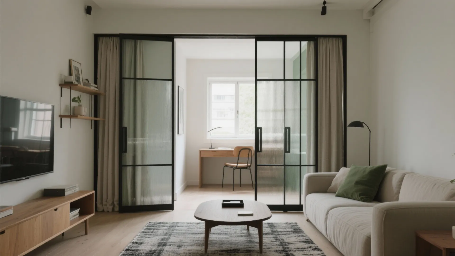 Living room with glass sliding doors opening into a home office with desk and chair