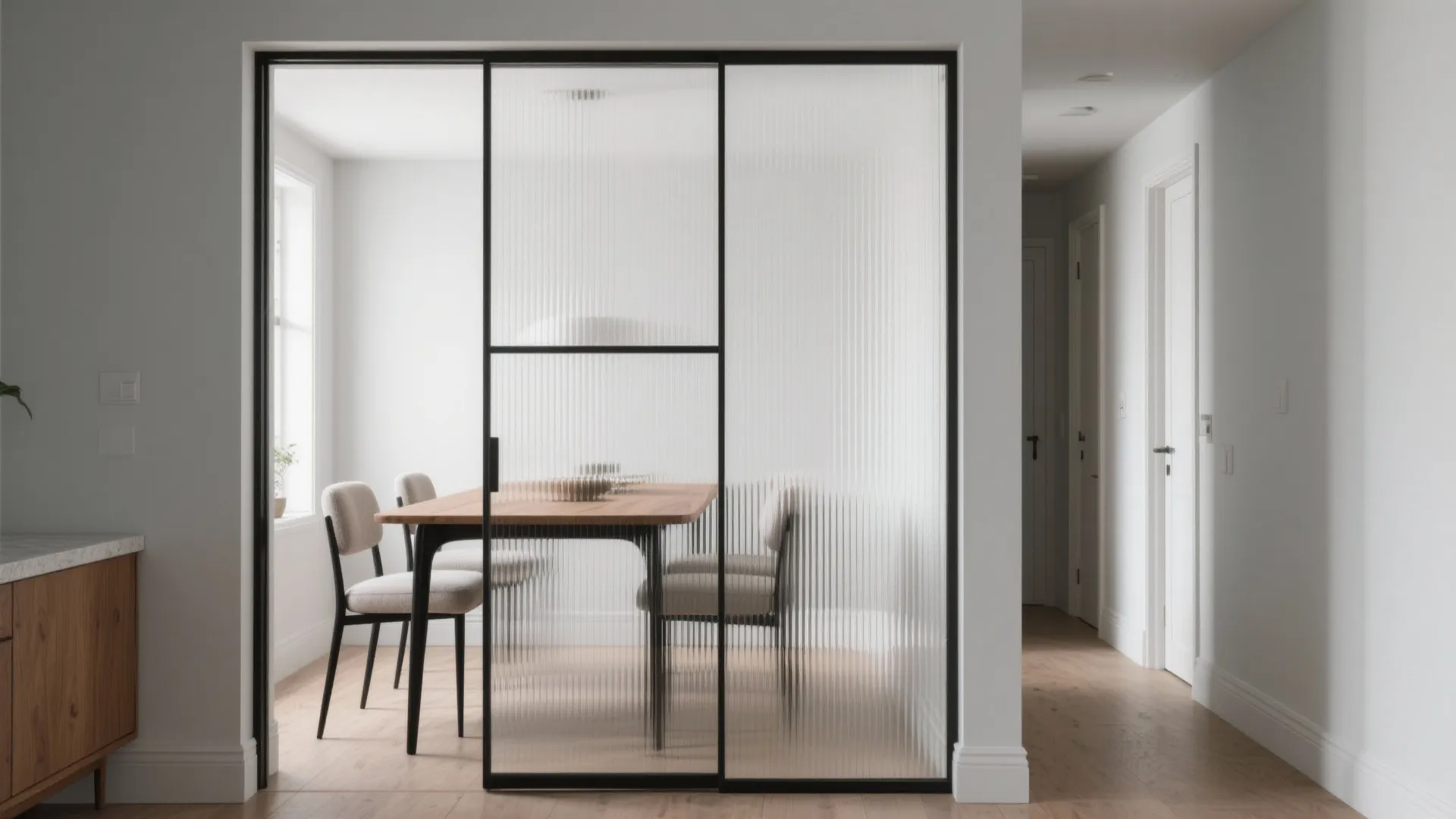 Glass partitions for light, flow, and a defined dining zone