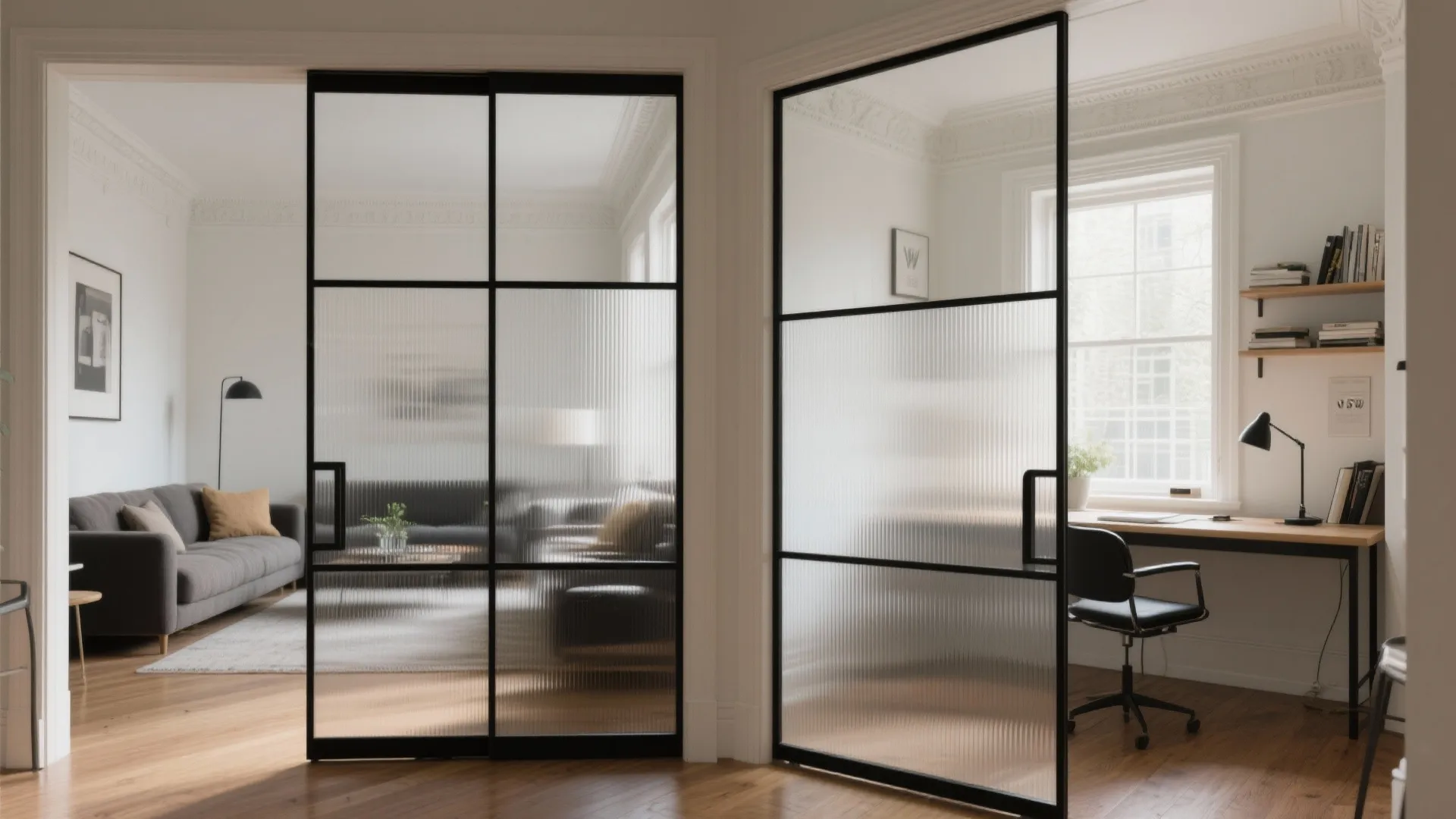 Glass partition for flexible separation without shrinking space