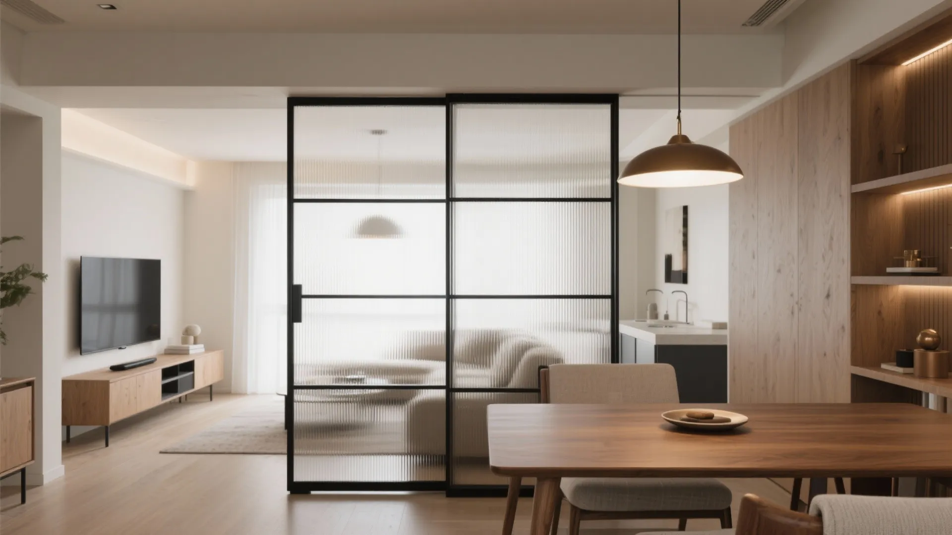 Glass Sliding Partition to Flex the Dining Zone